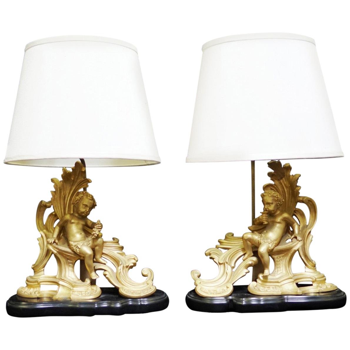 Pair of French Ormolu Gilt Bronze Chenet Mounted Lamps