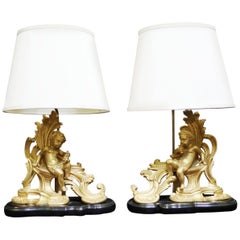 Pair of French Ormolu Gilt Bronze Chenet Mounted Lamps