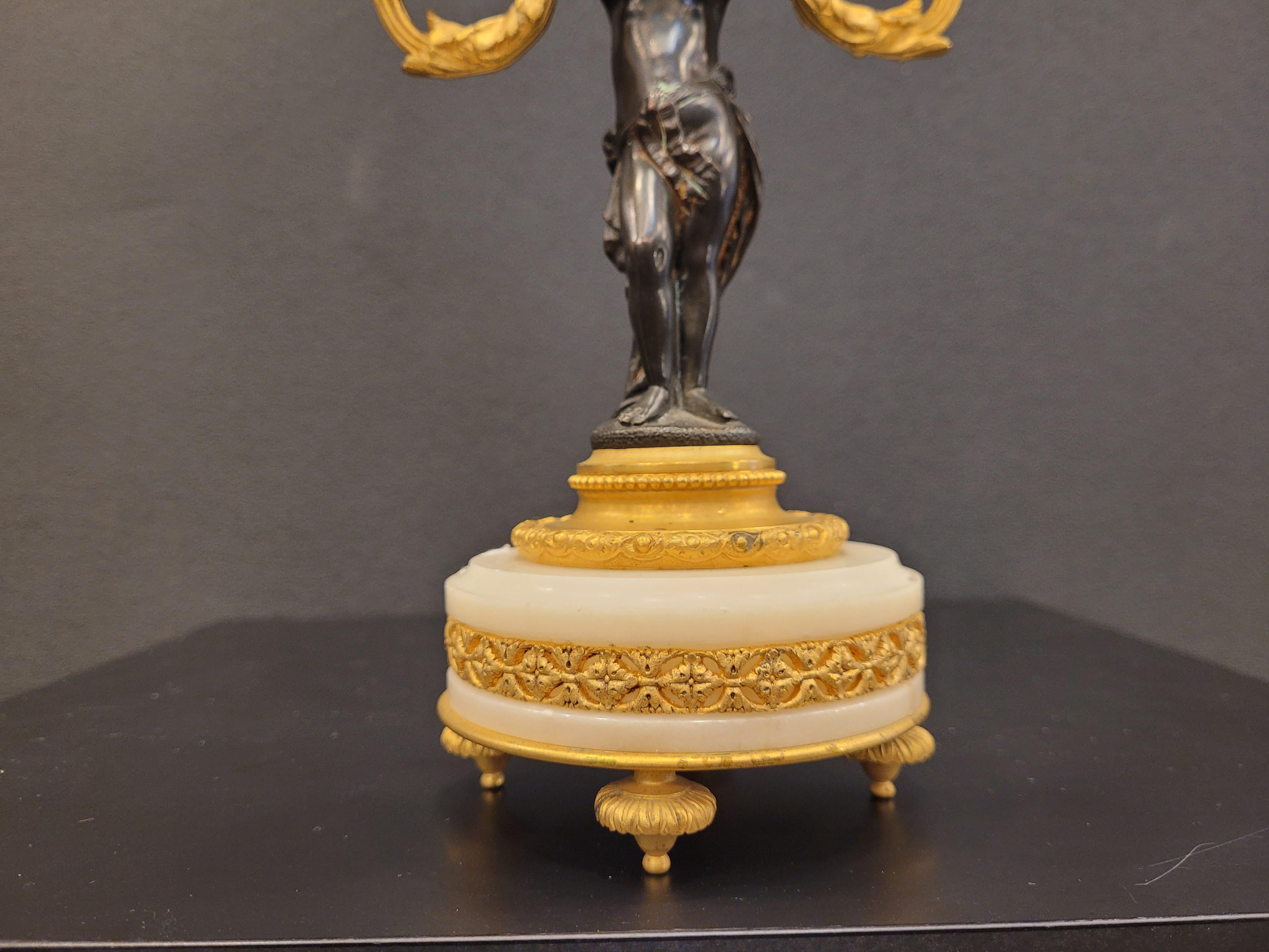 Pair of  French Ormolu  marble bronze candlesticks gilt bronze putti For Sale 4