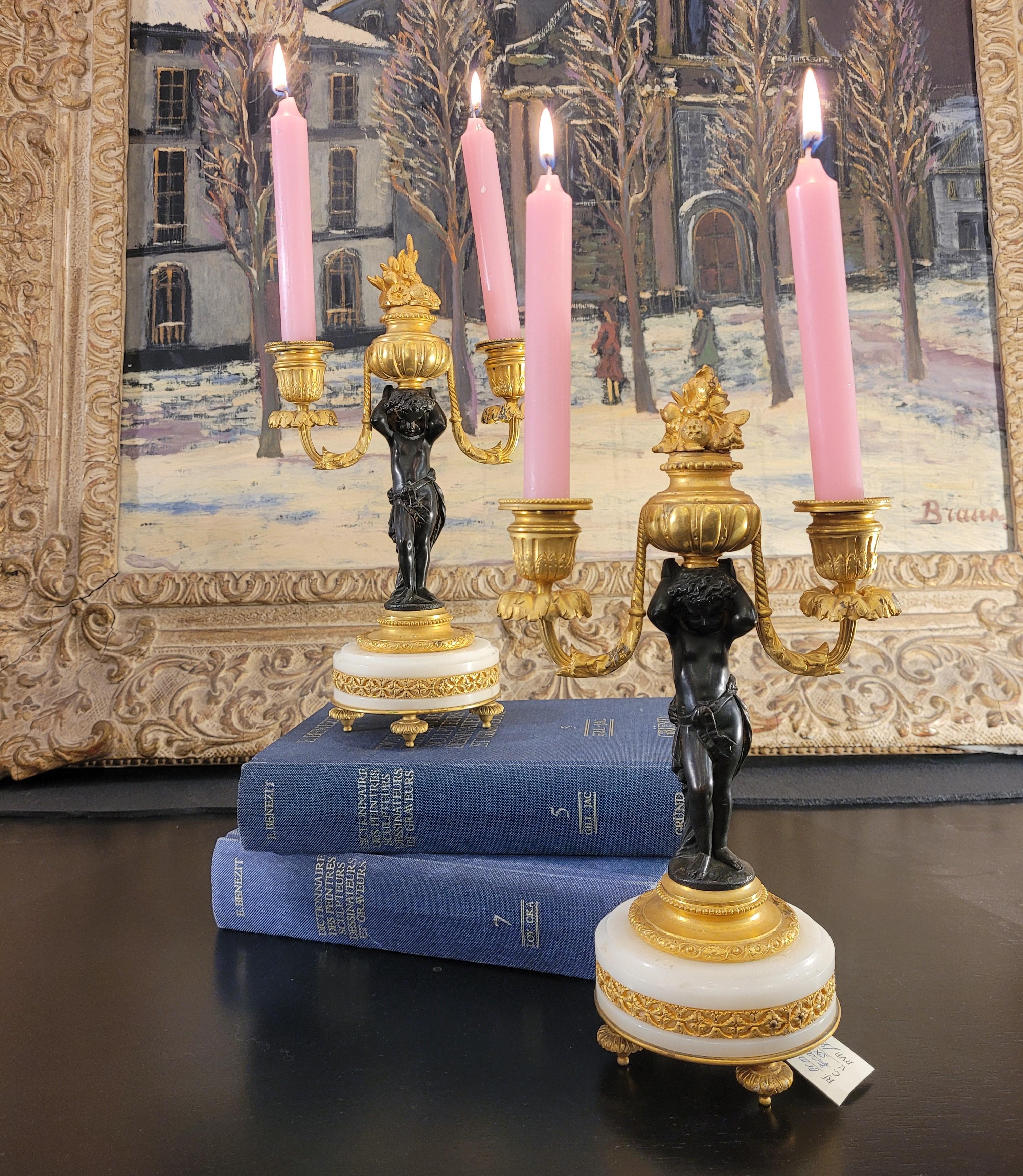 Pair of  French Ormolu  marble bronze candlesticks gilt bronze putti For Sale 5