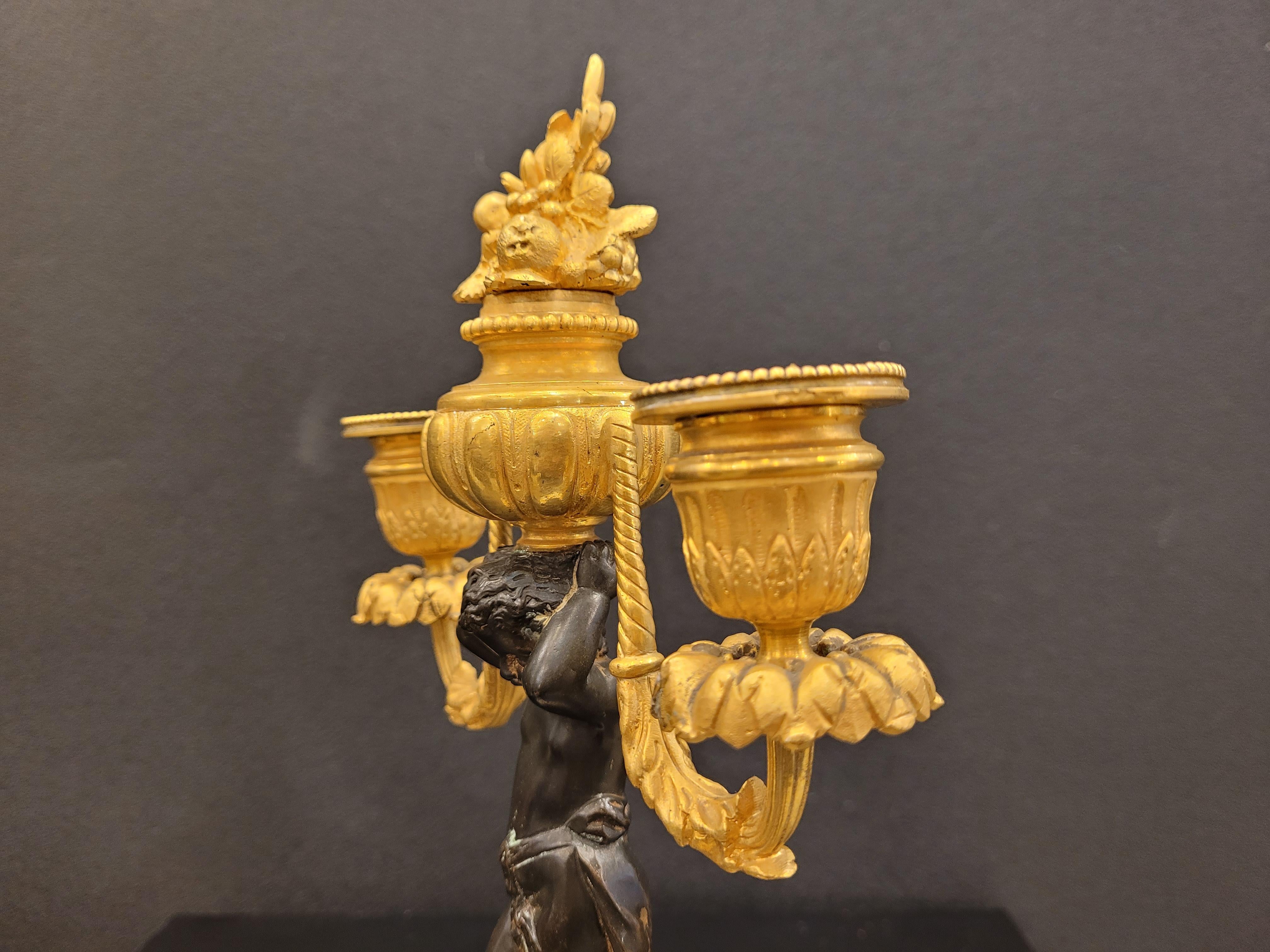 Pair of  French Ormolu  marble bronze candlesticks gilt bronze putti For Sale 6