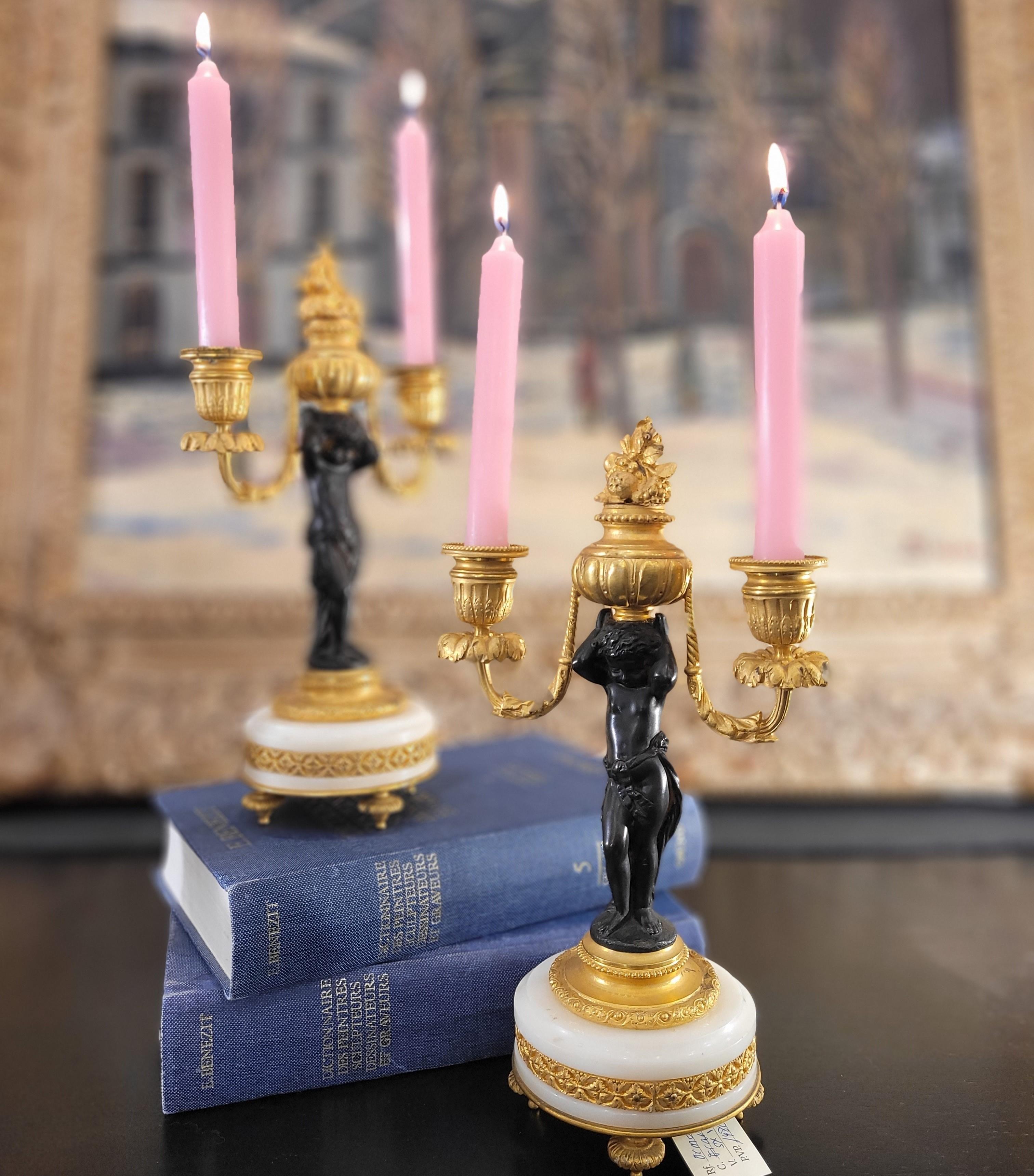 Napoleon III Pair of  French Ormolu  marble bronze candlesticks gilt bronze putti For Sale