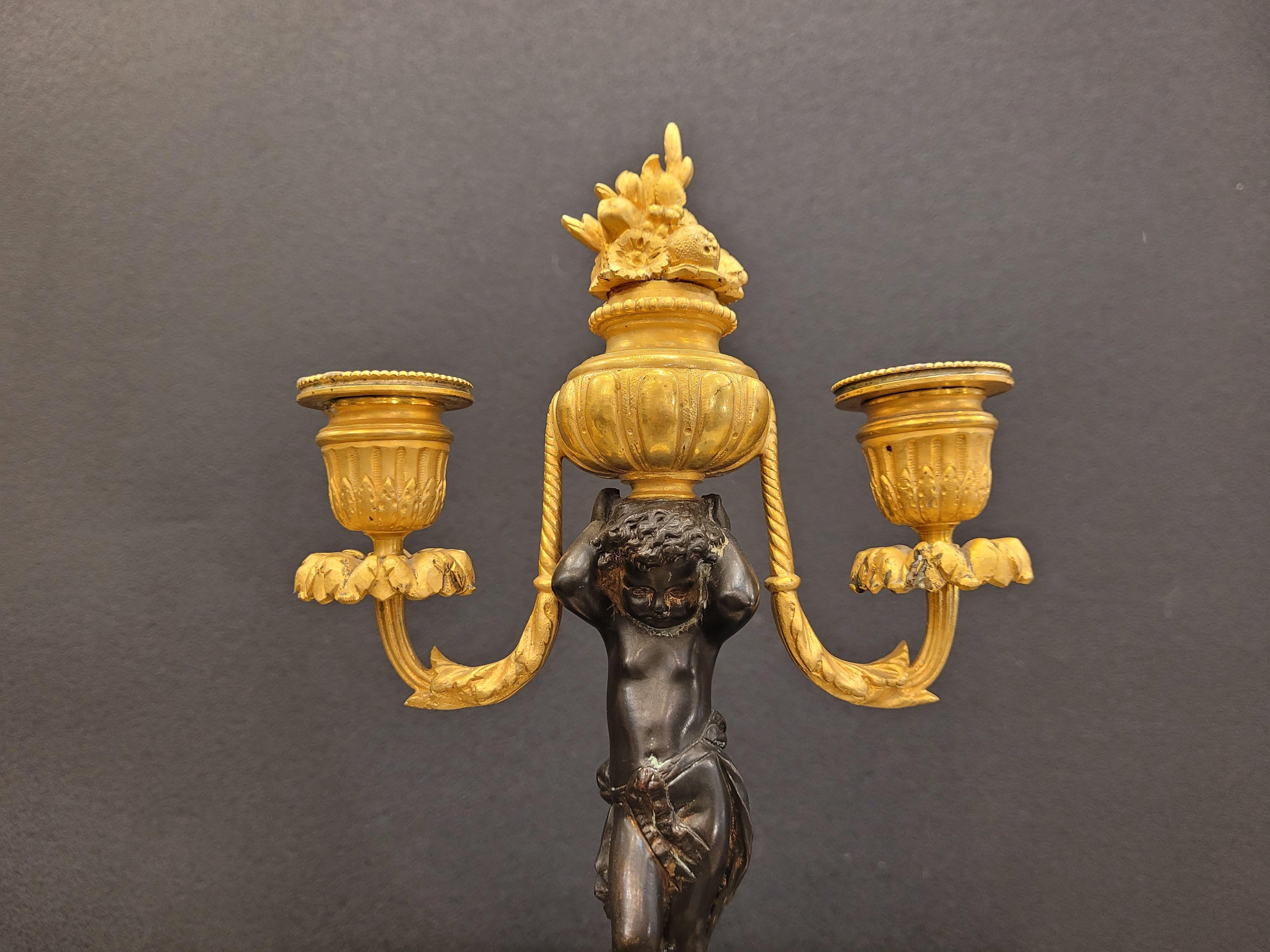 Pair of  French Ormolu  marble bronze candlesticks gilt bronze putti For Sale 1