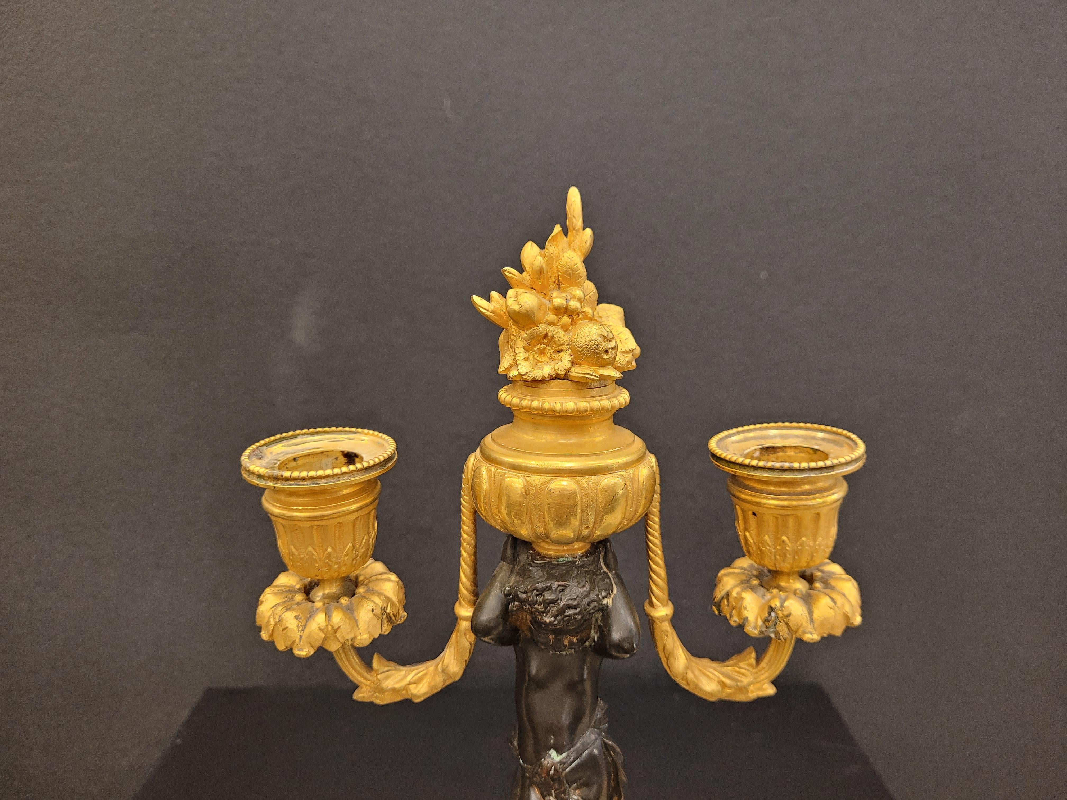 Pair of  French Ormolu  marble bronze candlesticks gilt bronze putti For Sale 2