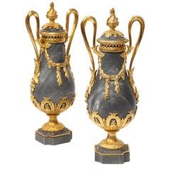 Antique Pair of French Ormolu Mounted Bleu Turquin Marble Brule Parfums Vases
