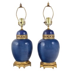 Pair of French Ormolu-Mounted Blue-Ground Porcelain Vases Fitted as Lamps