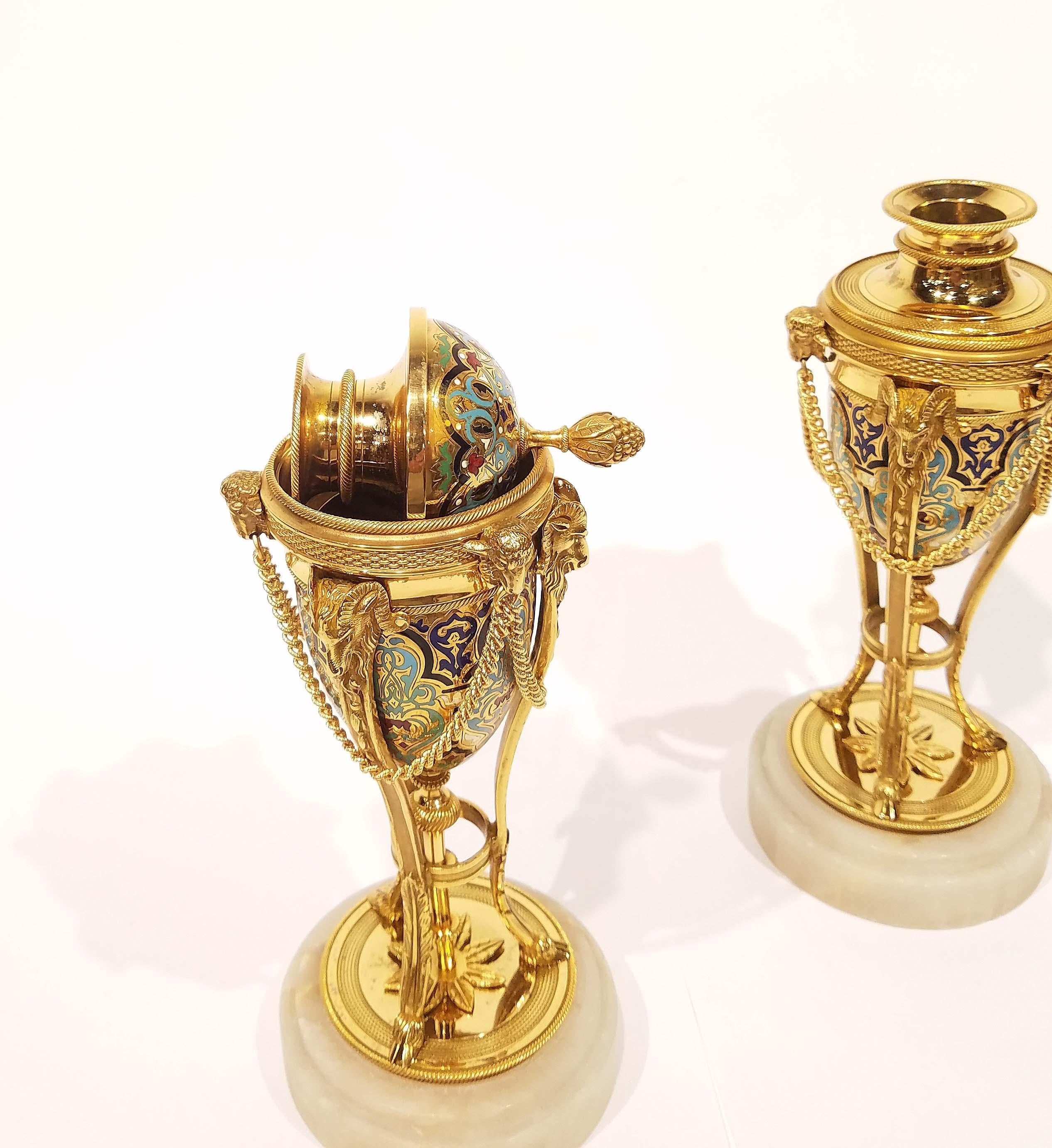 Belle Époque Pair of French Ormolu Mounted Champlevé Cassolettes