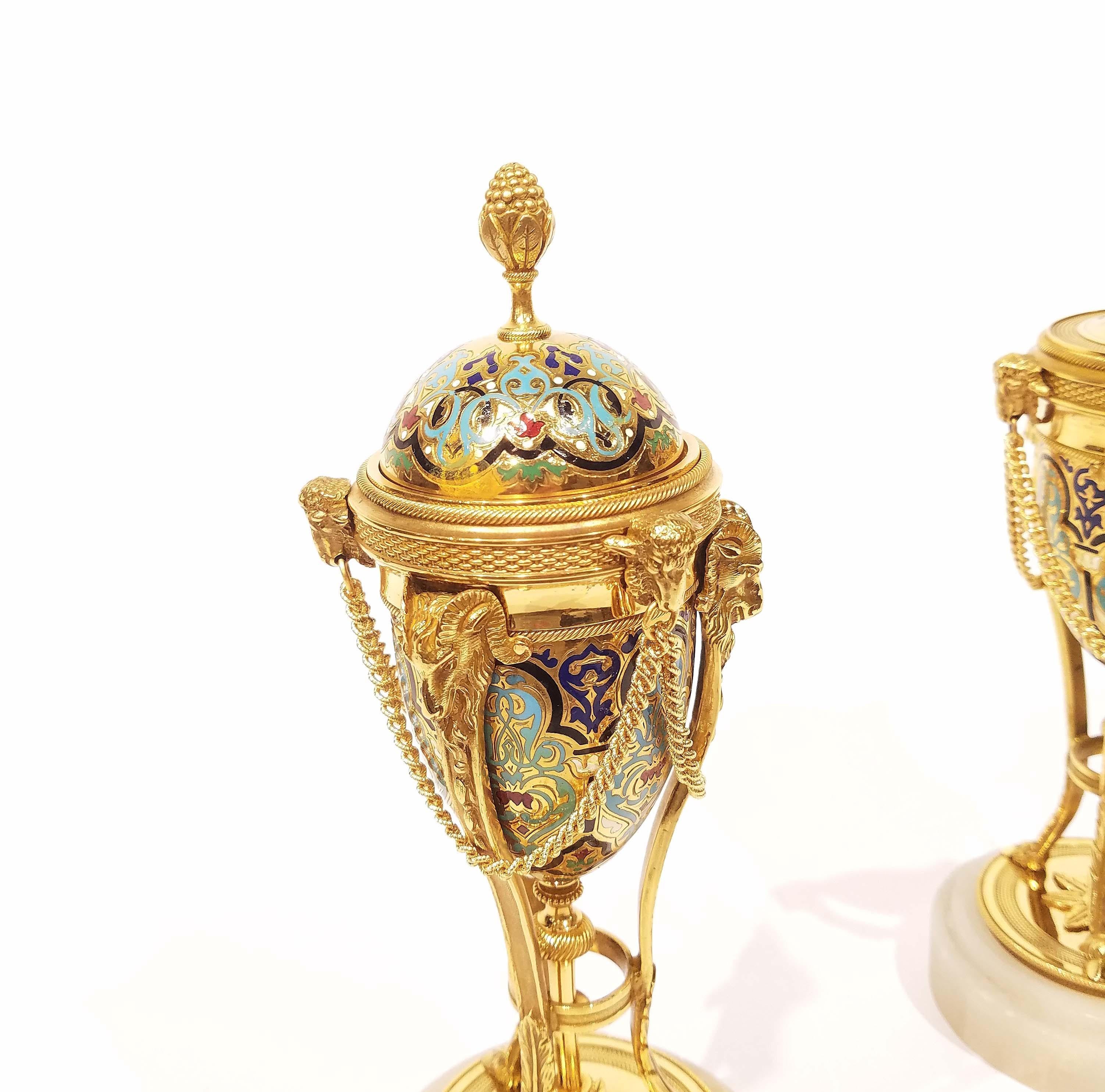 European Pair of French Ormolu Mounted Champlevé Cassolettes