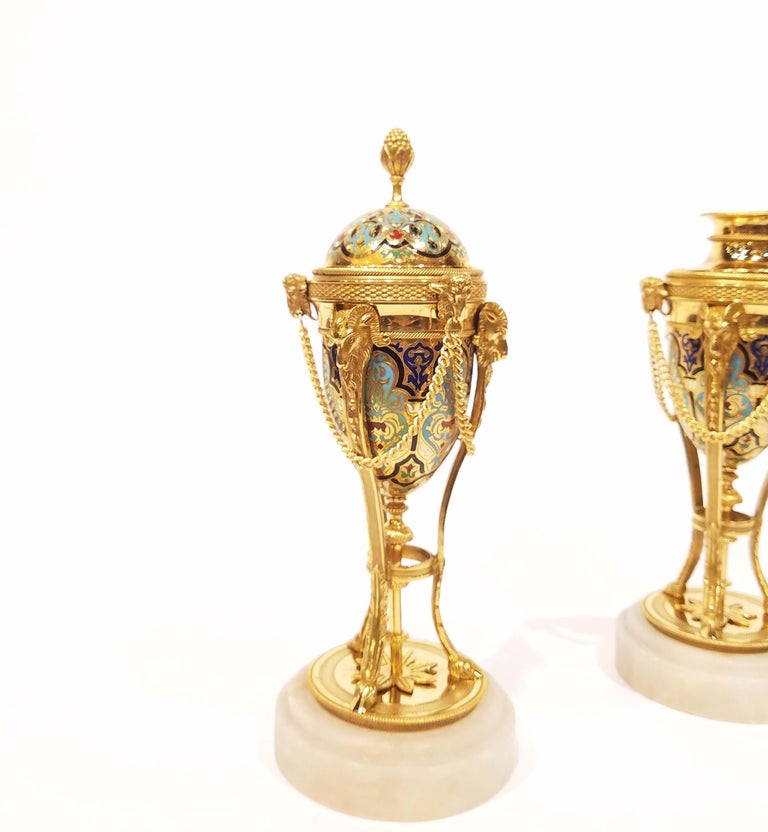 Enameled Pair of French Ormolu Mounted Champlevé Cassolettes