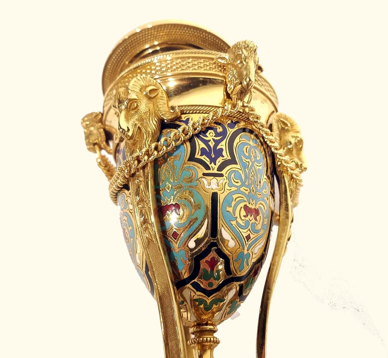 Bronze Pair of French Ormolu Mounted Champlevé Cassolettes