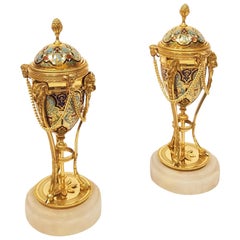 Pair of French Ormolu Mounted Champlevé Cassolettes