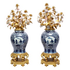 Pair of French Ormolu Mounted Chinese Blue & White Porcelain Ten Arm Candelabras