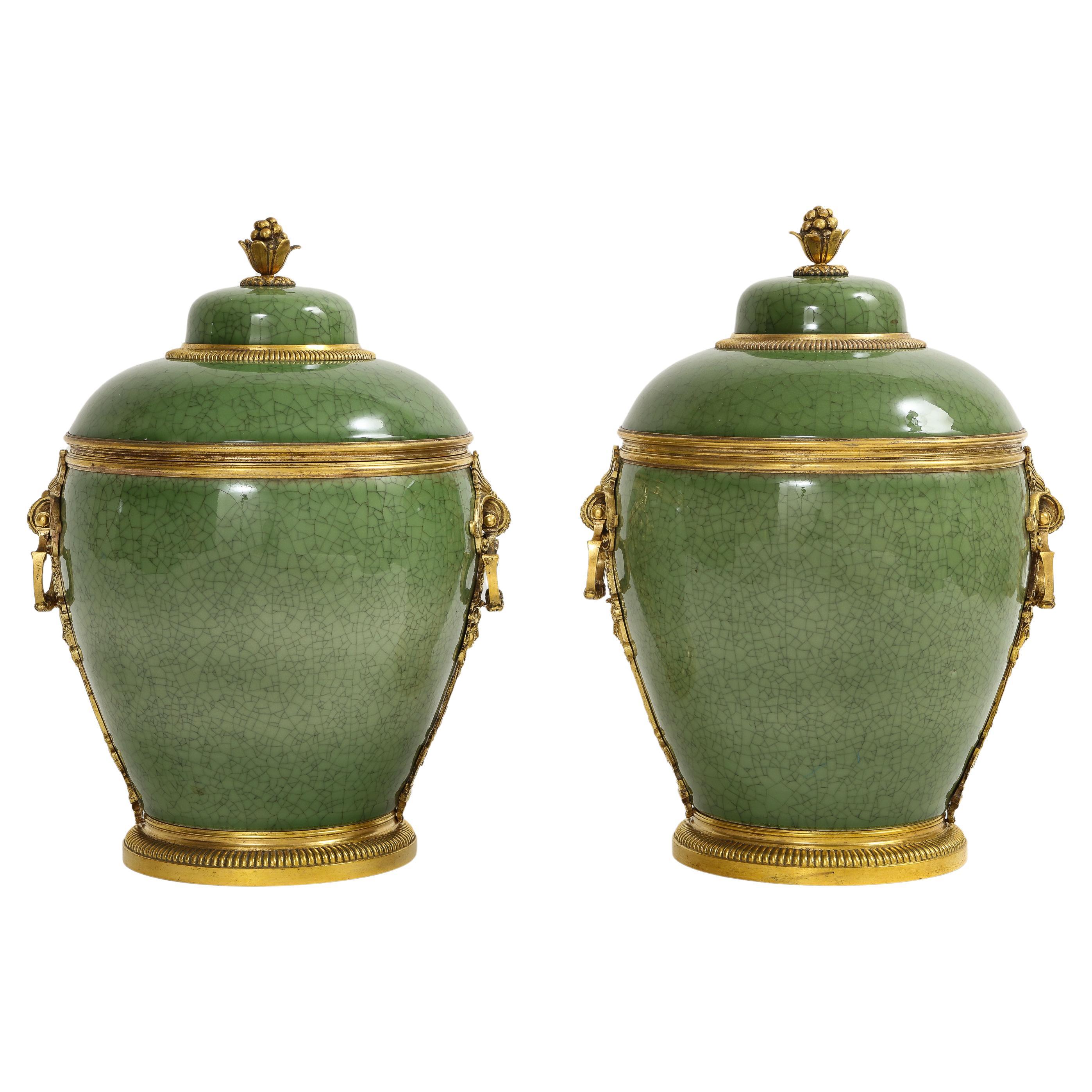 Pair of French Ormolu Mounted Chinese Celadon Crackle Porcelain Covered Vases
