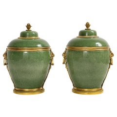 Pair of French Ormolu Mounted Chinese Celadon Crackle Porcelain Covered Vases