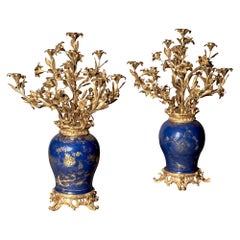 Pair of French Ormolu-Mounted Chinese Gilt and Blue-Ground Porcelain Candelabras