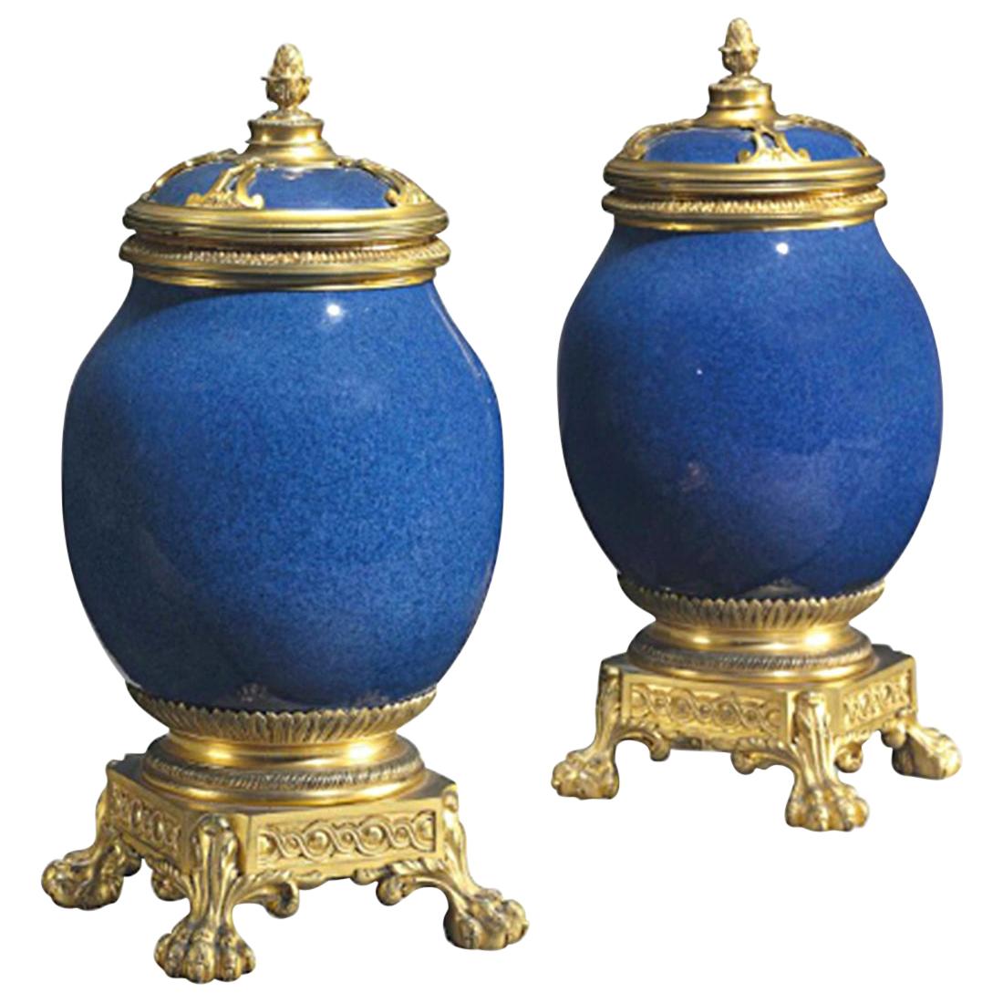 Paar französische Vasen und Deckel aus chinesischem Porzellan mit Goldbronze-Montierung