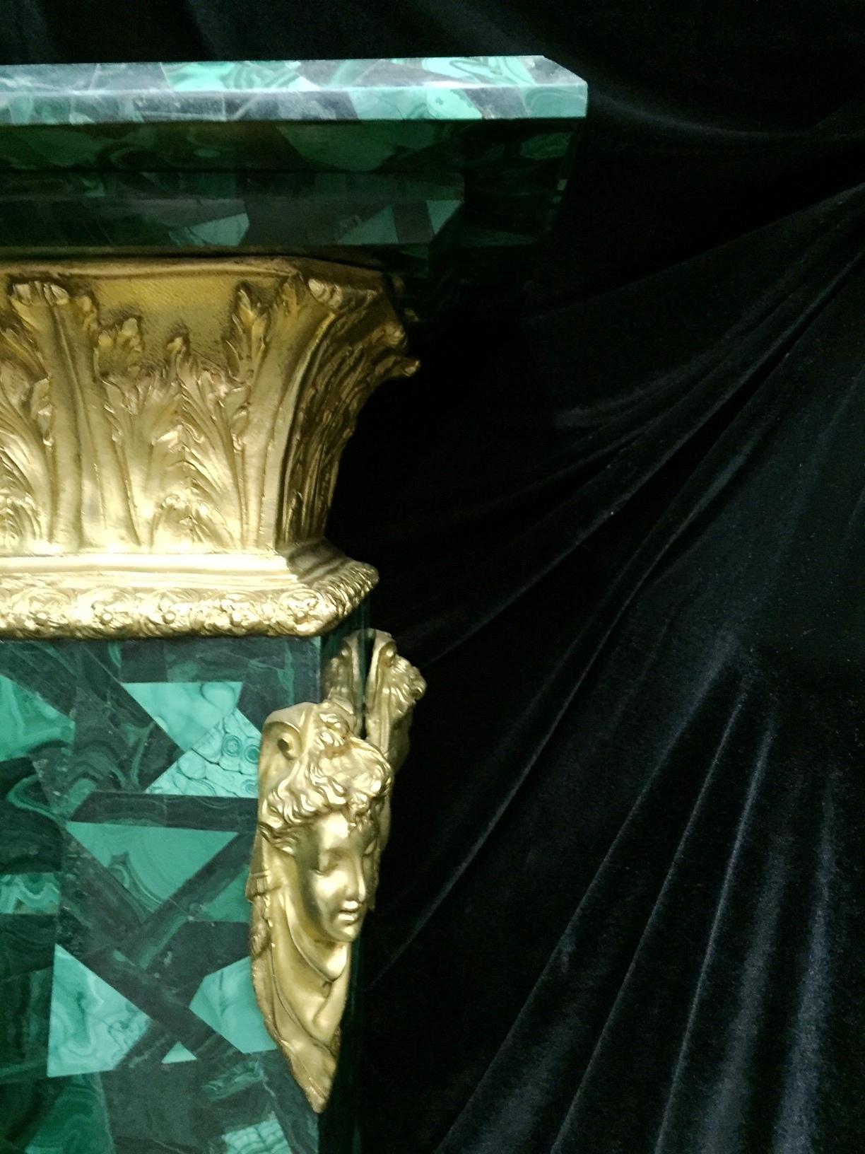 Pair of French Ormolu Mounted Malachite Pedestals 1