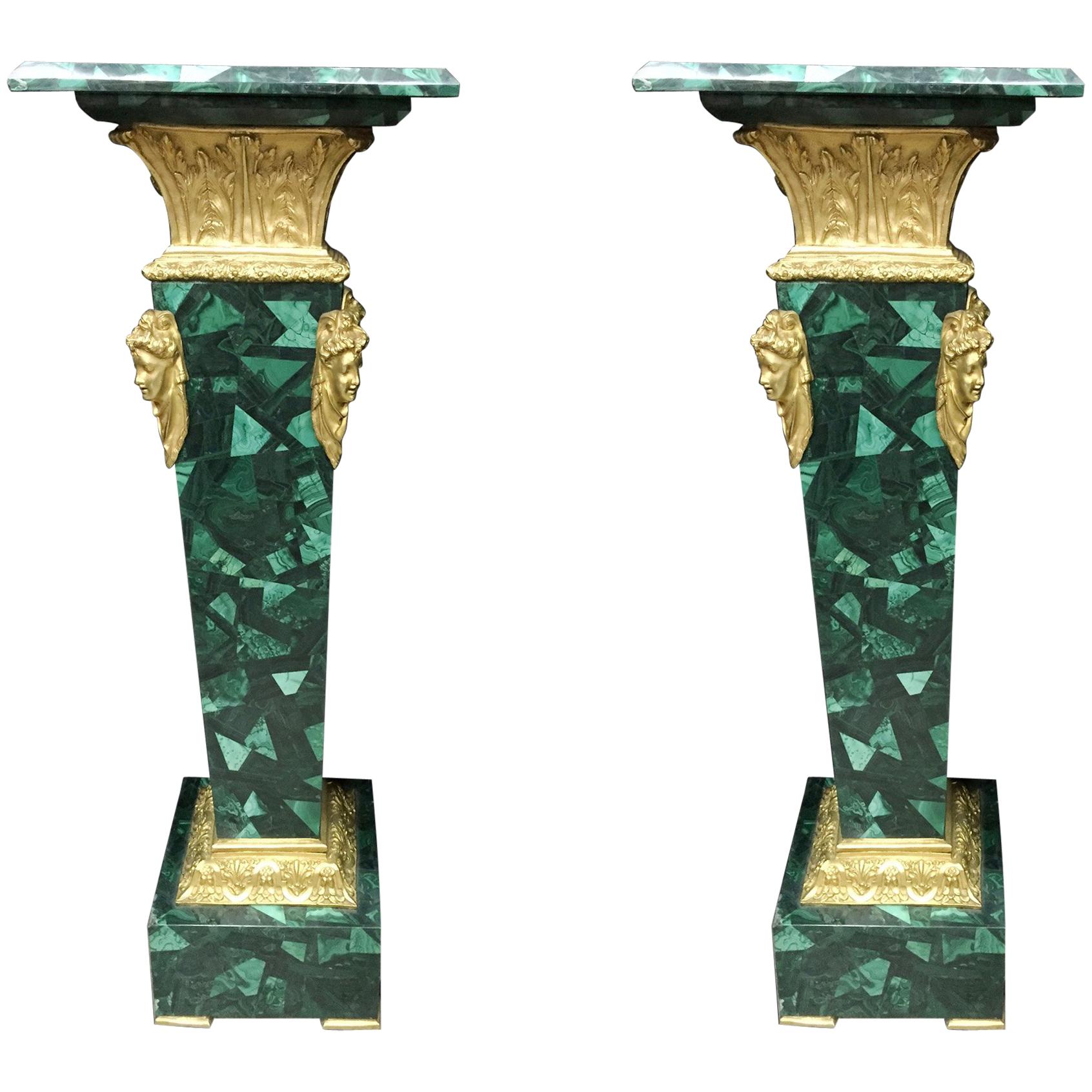 Pair of French Ormolu Mounted Malachite Pedestals