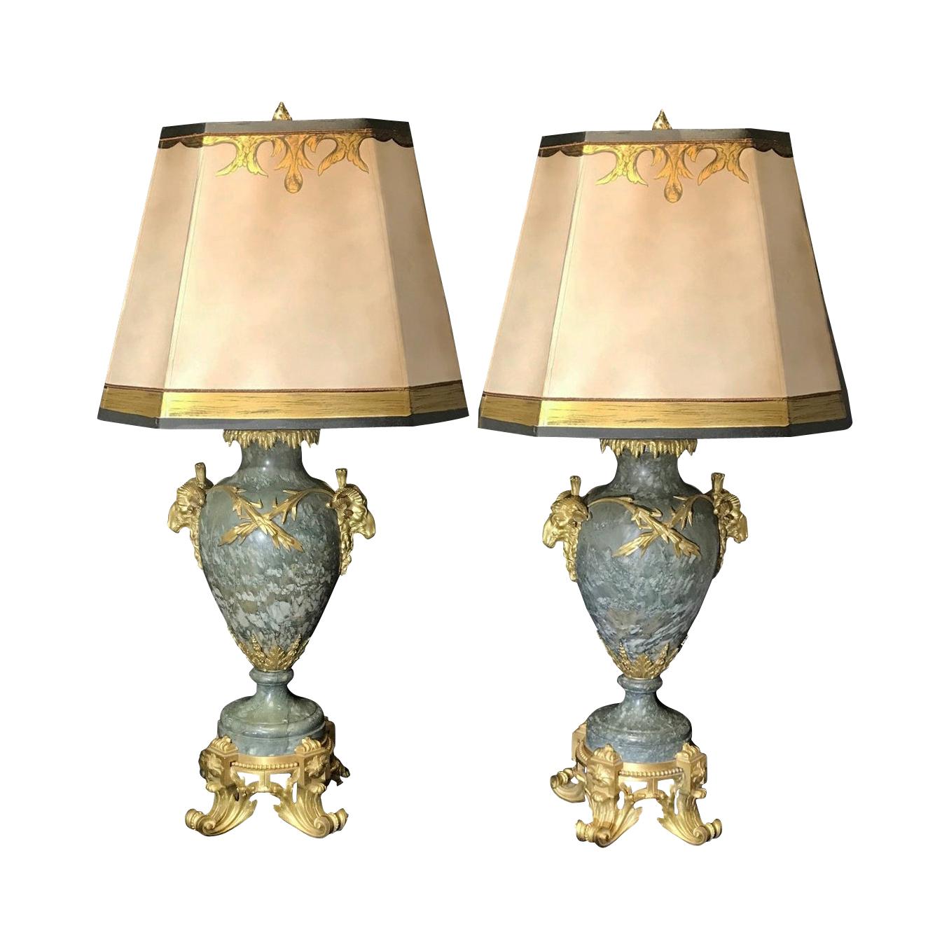Pair of French Ormolu Mounted Marble Urns, Signed GJL