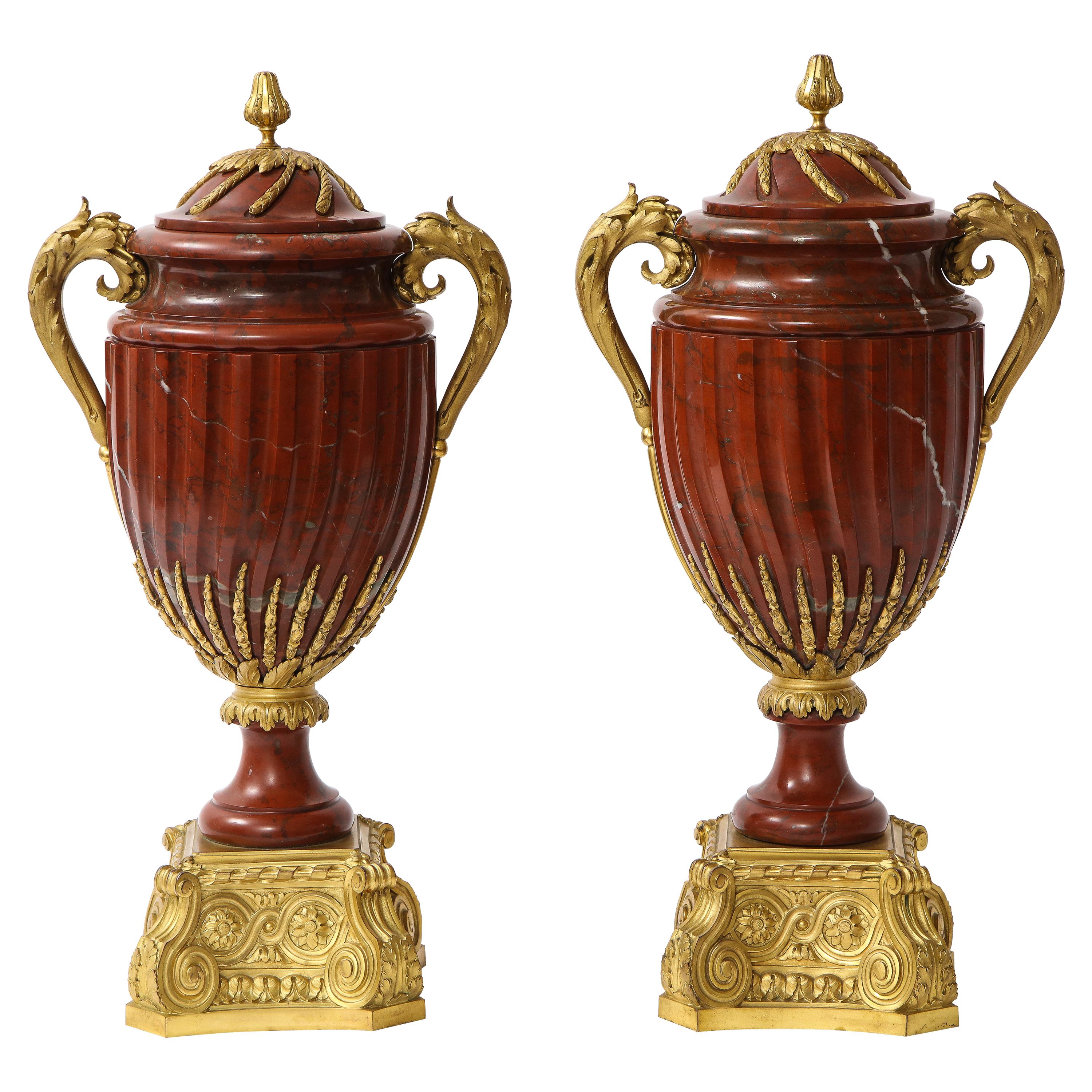 Pair of French Ormolu Mounted Rouge Marble Covered Vases, Signed Maison Boudet