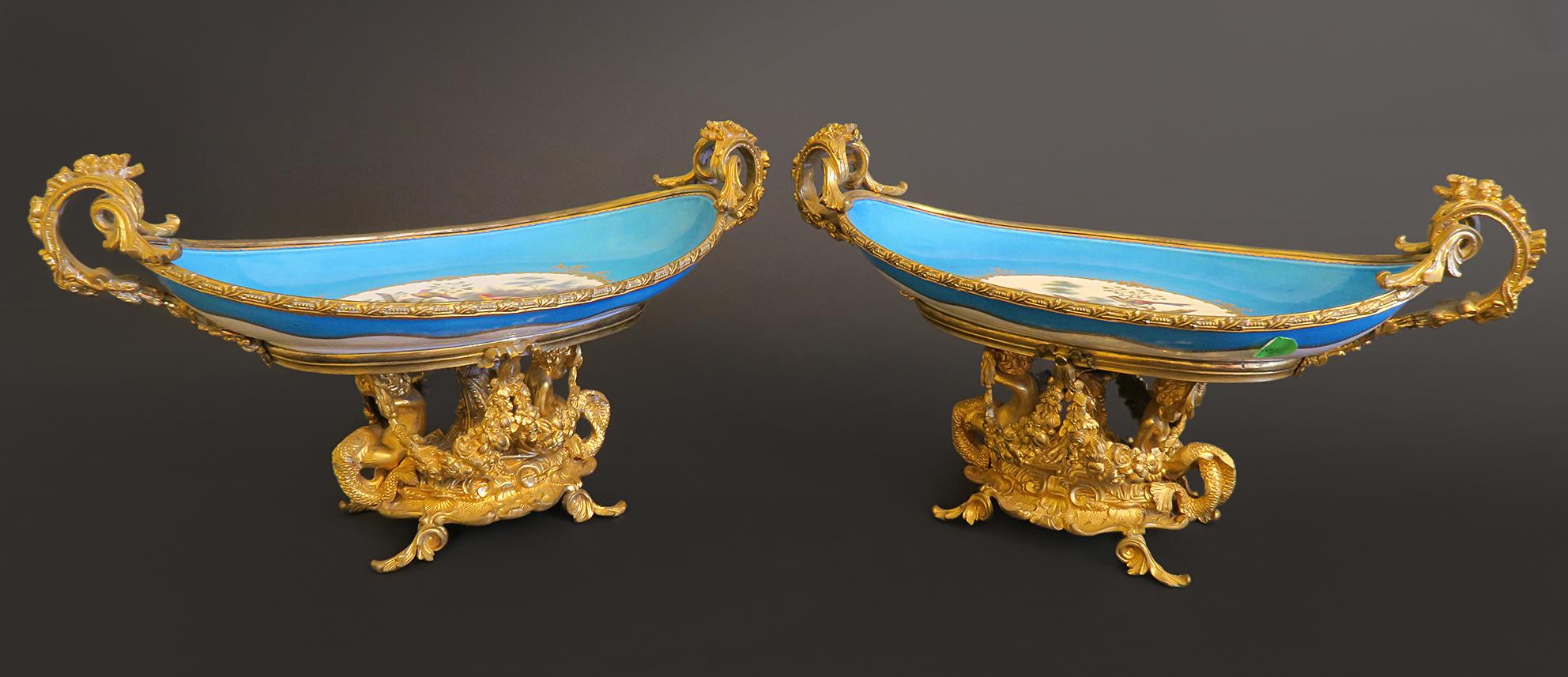 Pair Of French Ormolu Mounted Sevres porcelain centerpiece, Early 19th Century.
L: 14-1/2