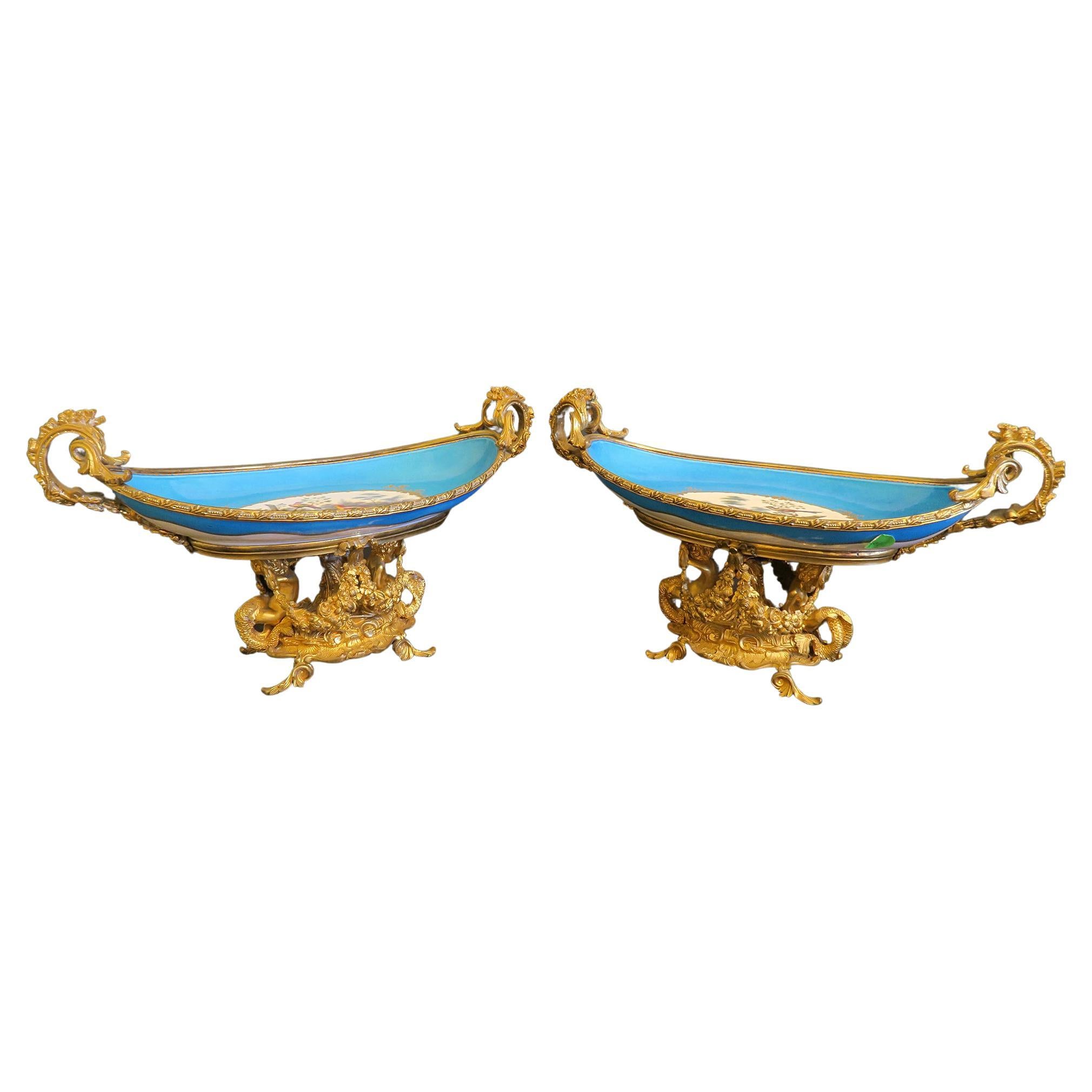 Pair Of French Ormolu Mounted Sevres Porcelain Centerpieces For Sale
