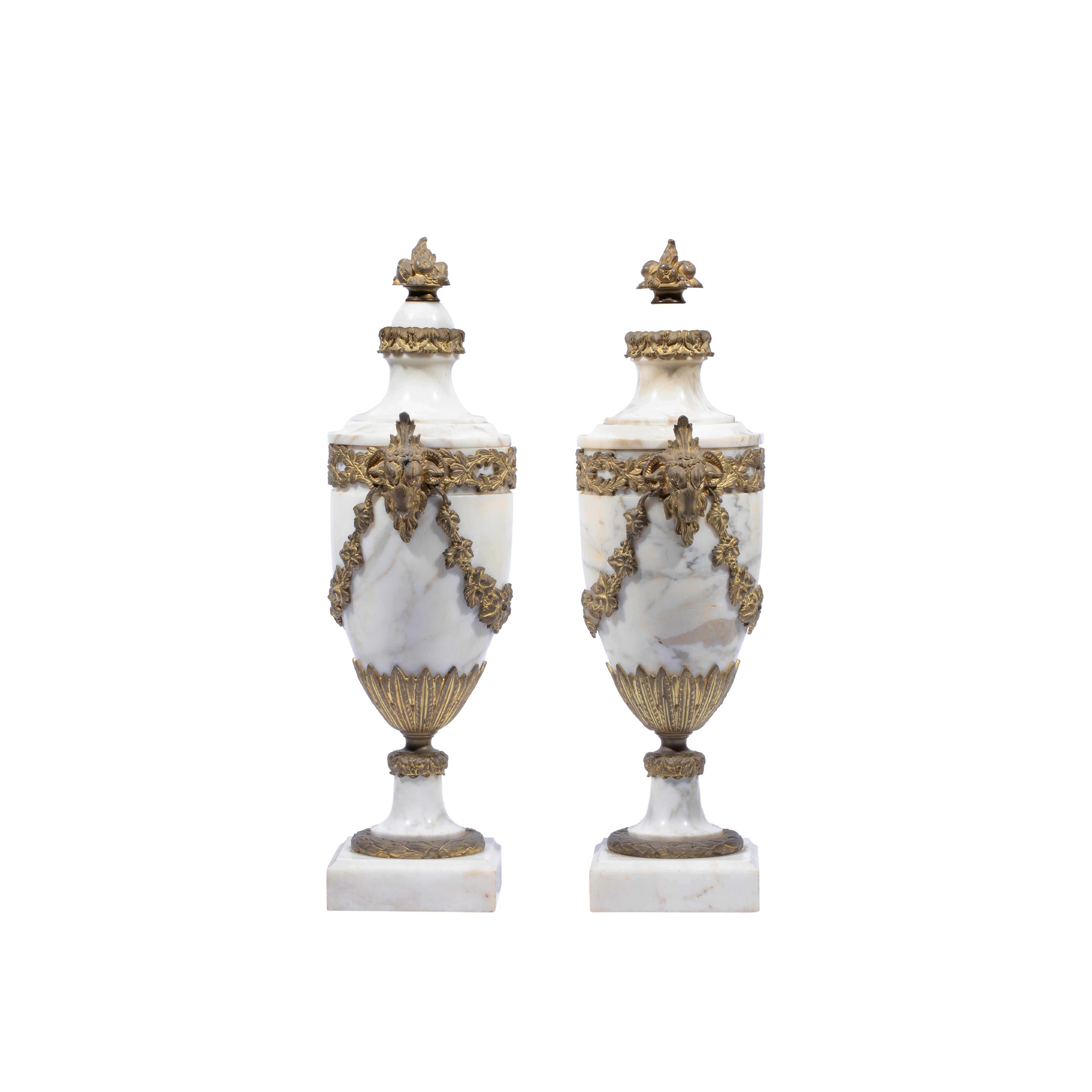 Napoleon III Pair of French Ormolu Mounted White Marble Vases, Circa 1900 For Sale