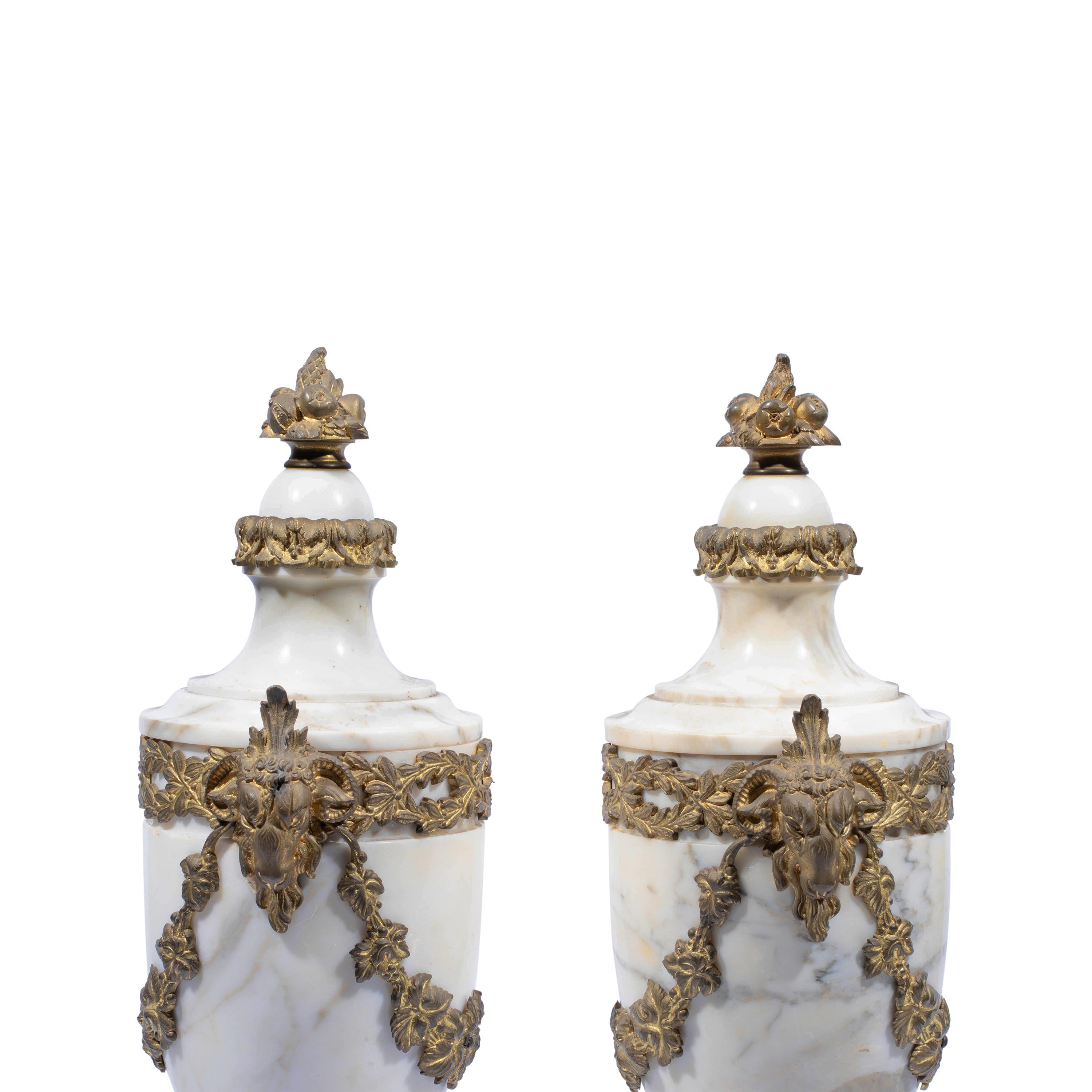 Gilt Pair of French Ormolu Mounted White Marble Vases, Circa 1900 For Sale