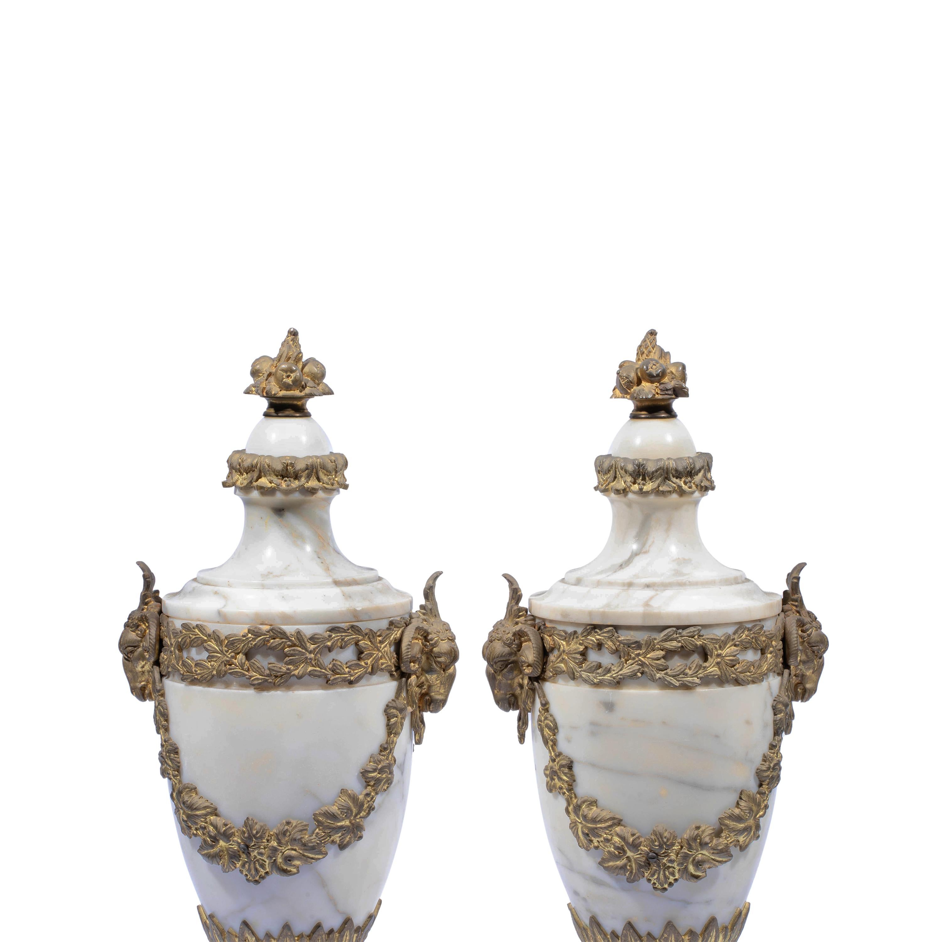20th Century Pair of French Ormolu Mounted White Marble Vases, Circa 1900 For Sale