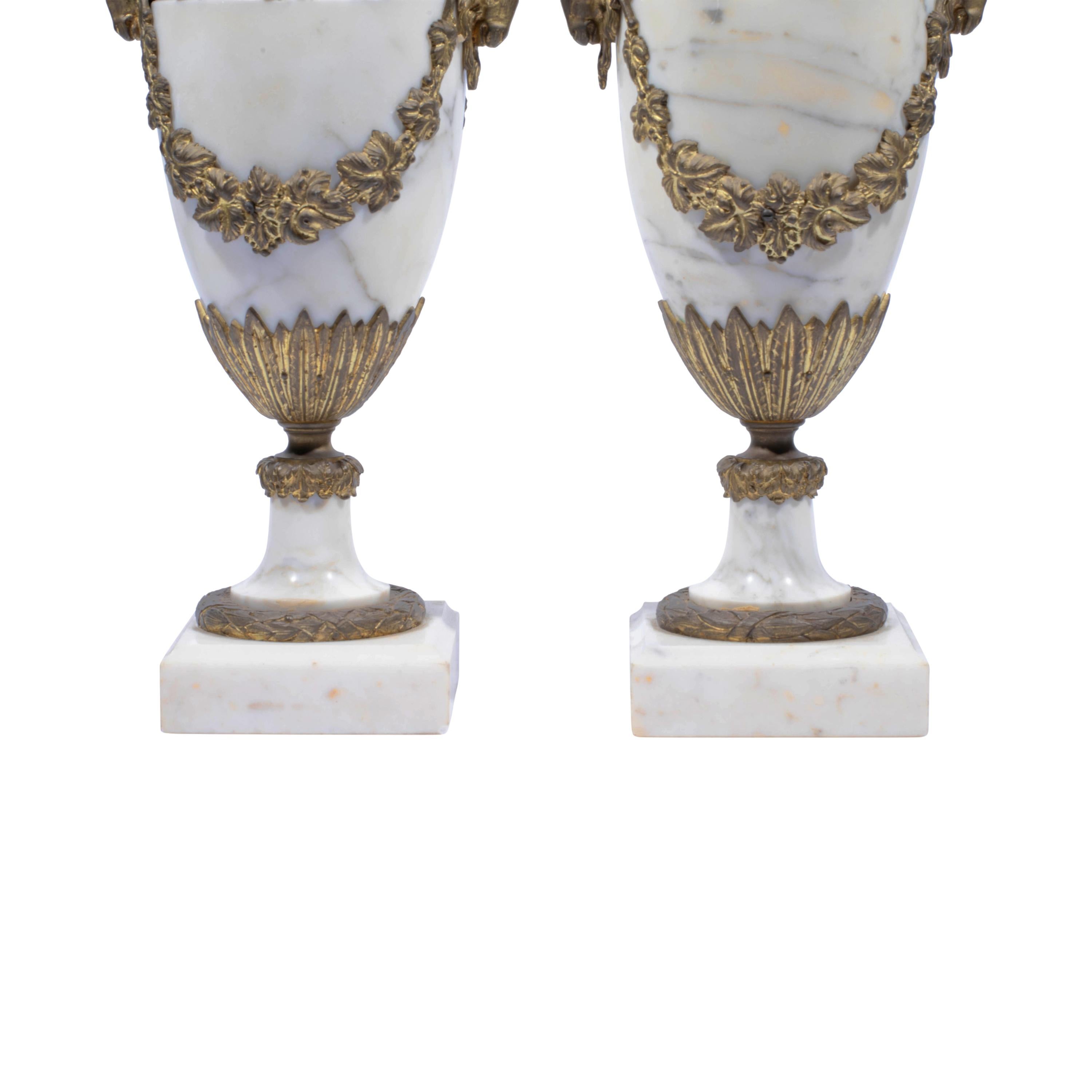 Bronze Pair of French Ormolu Mounted White Marble Vases, Circa 1900 For Sale