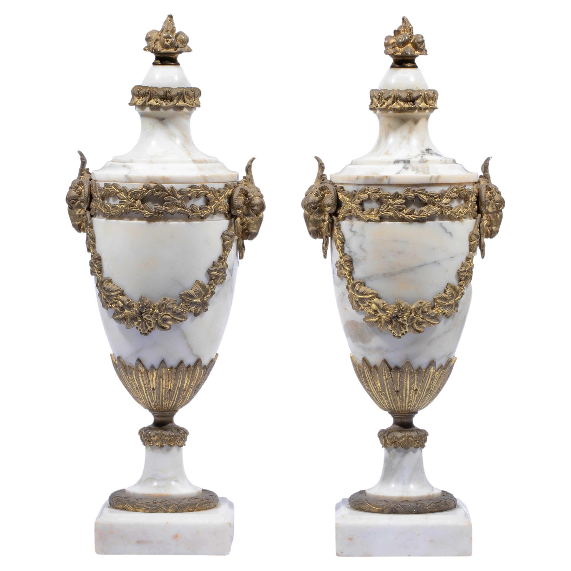 Pair of French Ormolu Mounted White Marble Vases, Circa 1900 For Sale