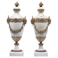 Antique Pair of French Ormolu Mounted White Marble Vases, Circa 1900