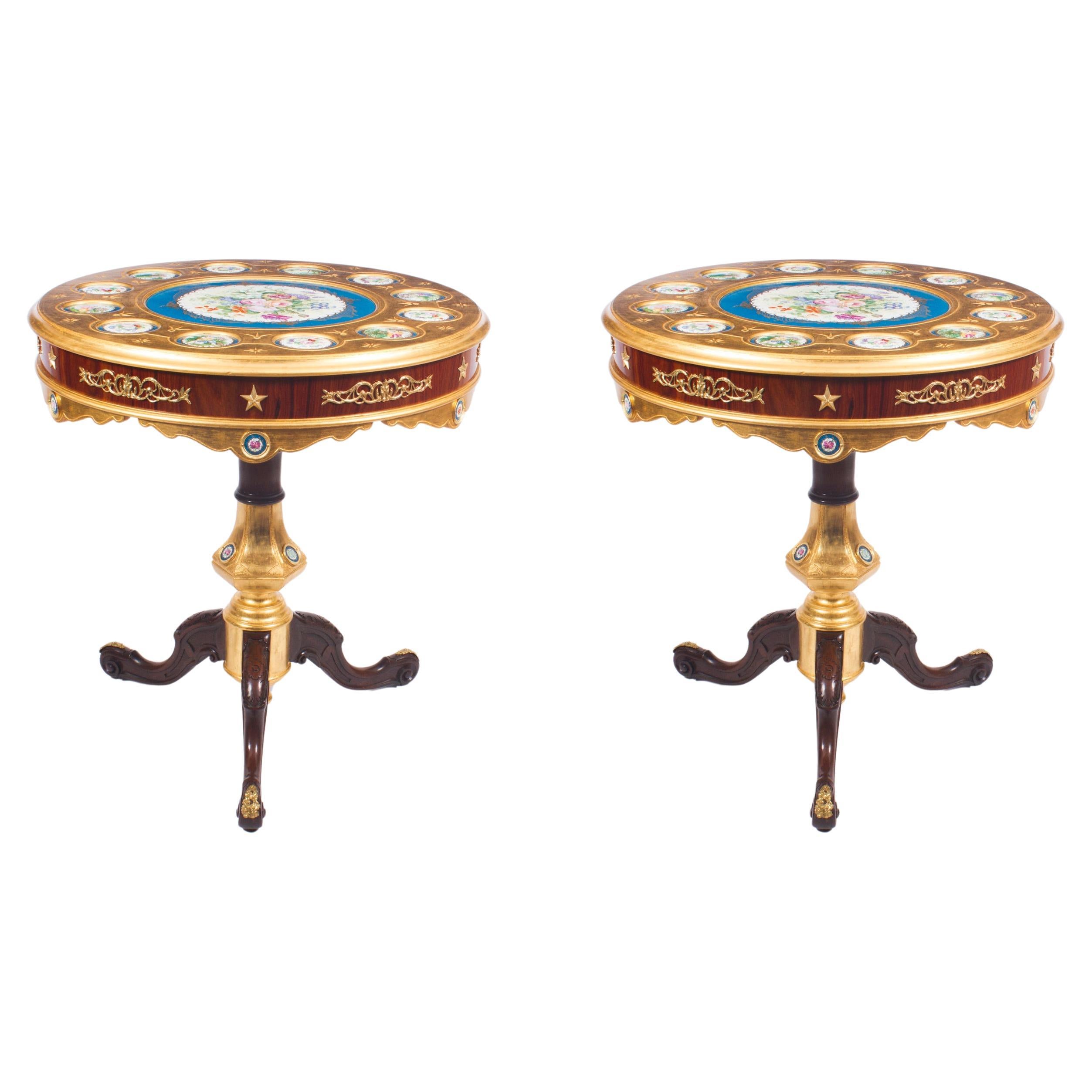 Pair of French Ormolu & Sevres Style Porcelain Occasional Side Tables 20th C For Sale