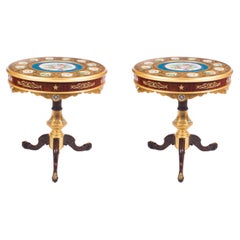 Antique Pair of French Ormolu & Sevres Style Porcelain Occasional Side Tables 20th C