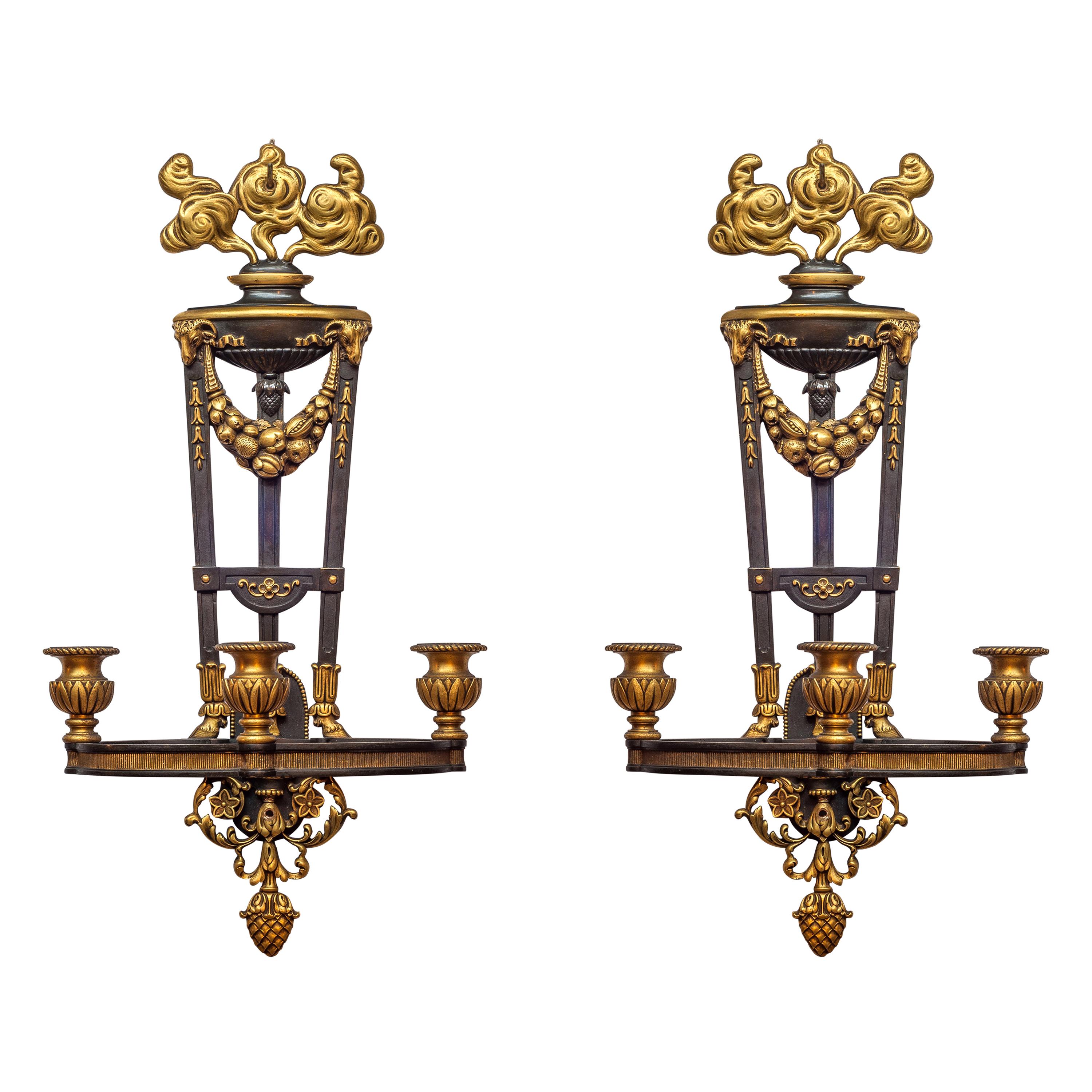 Pair of French Ormolu Three-Light Wall Sconces