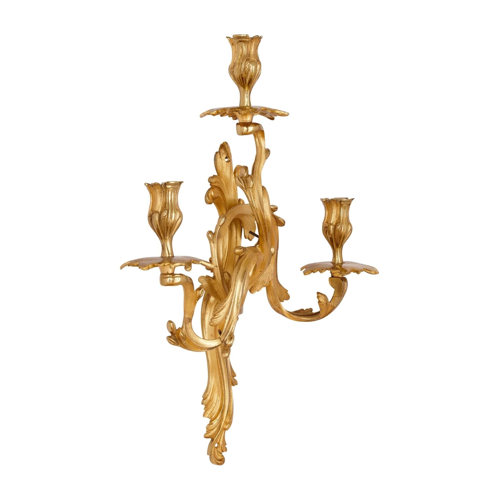 19th Century Pair of French Ormolu Wall Lights in the Louis XV Style For Sale