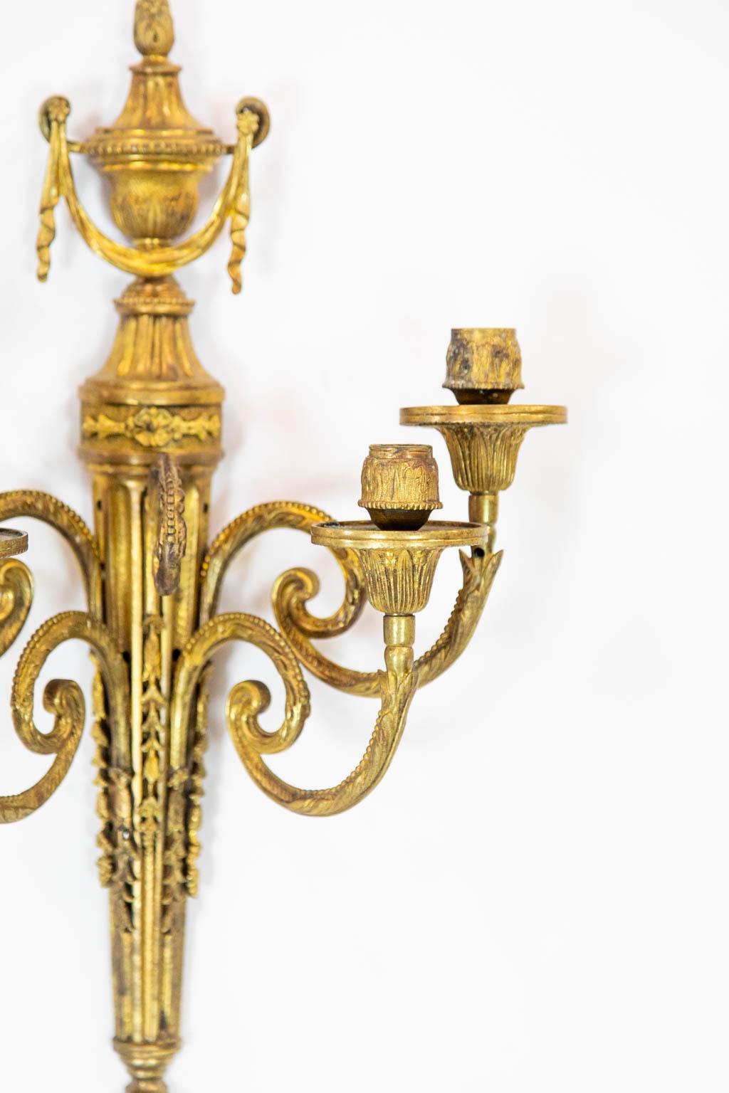 Pair of French Ormolu Wall Sconces In Good Condition For Sale In Wilson, NC