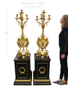 Pair of French Ormolu & White Marble Candelabras, by Marchand a Paris
