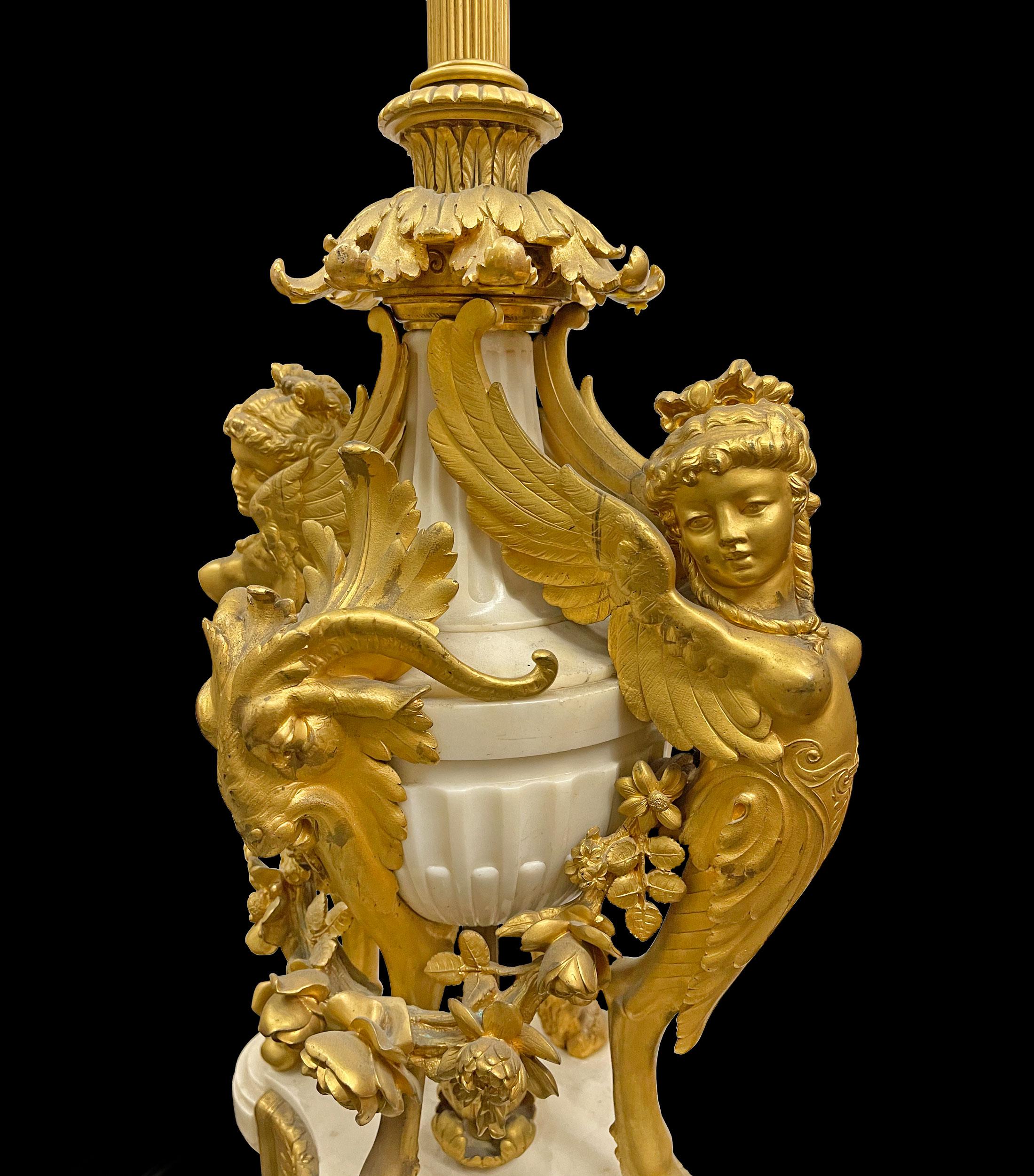 Hand-Carved Pair of French Ormolu & White Marble Candelabras, by Marchand a Paris For Sale
