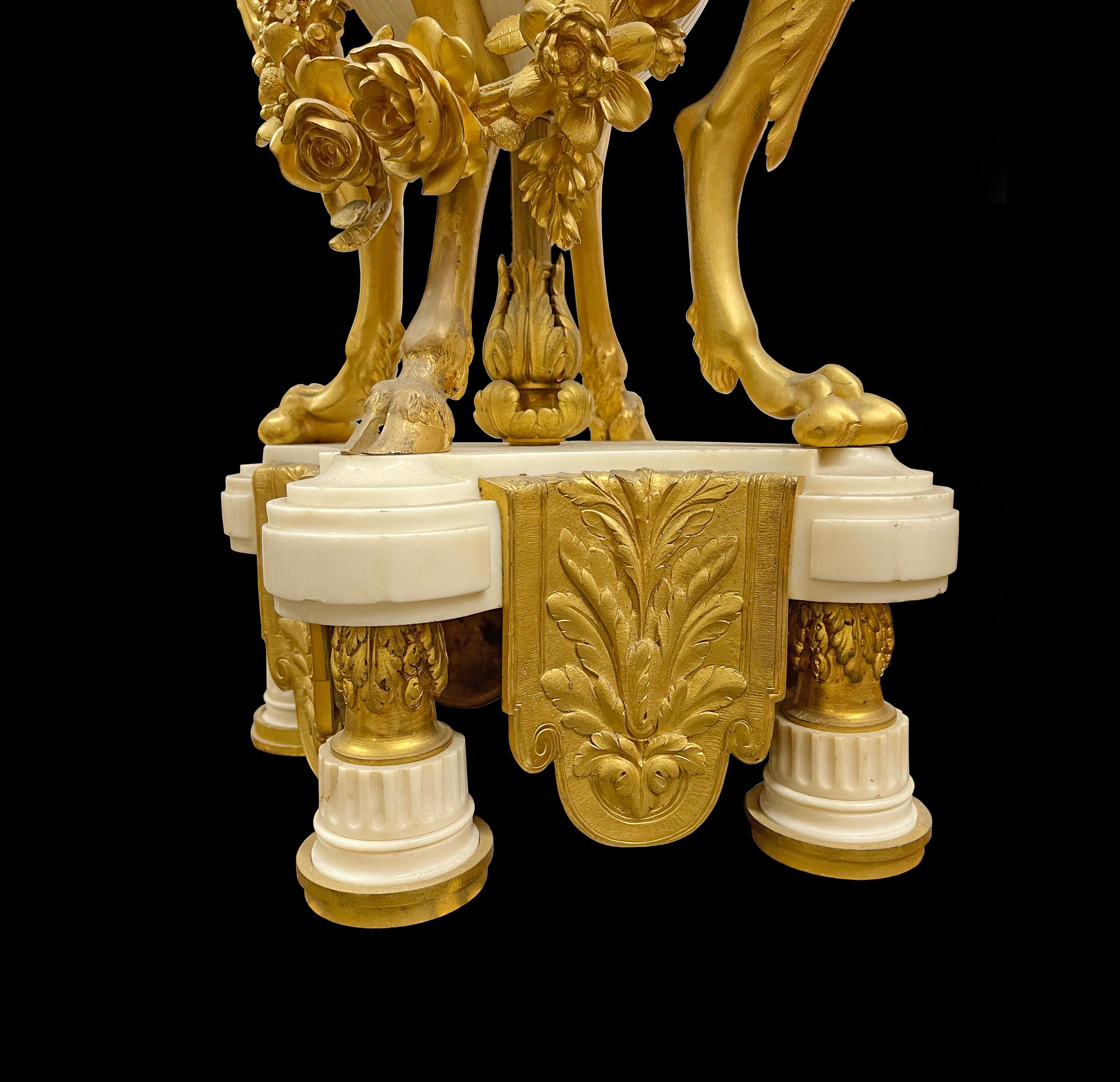 Pair of French Ormolu & White Marble Candelabras, by Marchand a Paris In Good Condition For Sale In Pasadena, CA