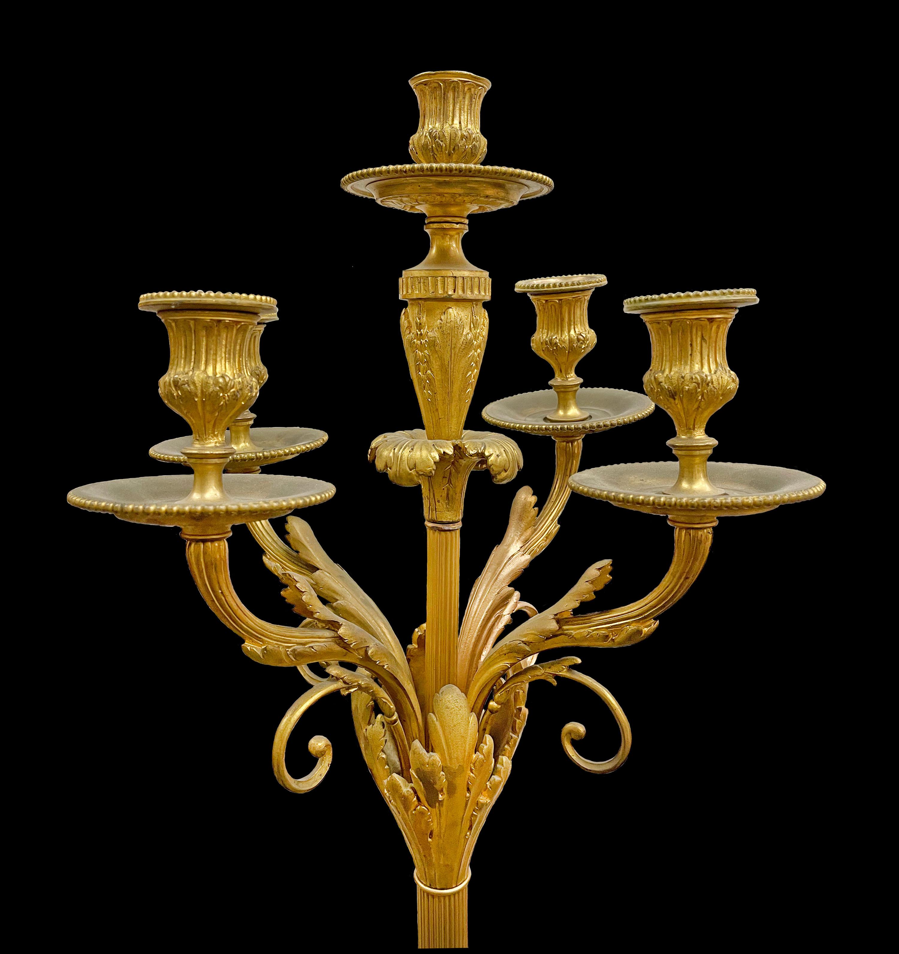 Pair of French Ormolu & White Marble Candelabras, by Marchand a Paris For Sale 1