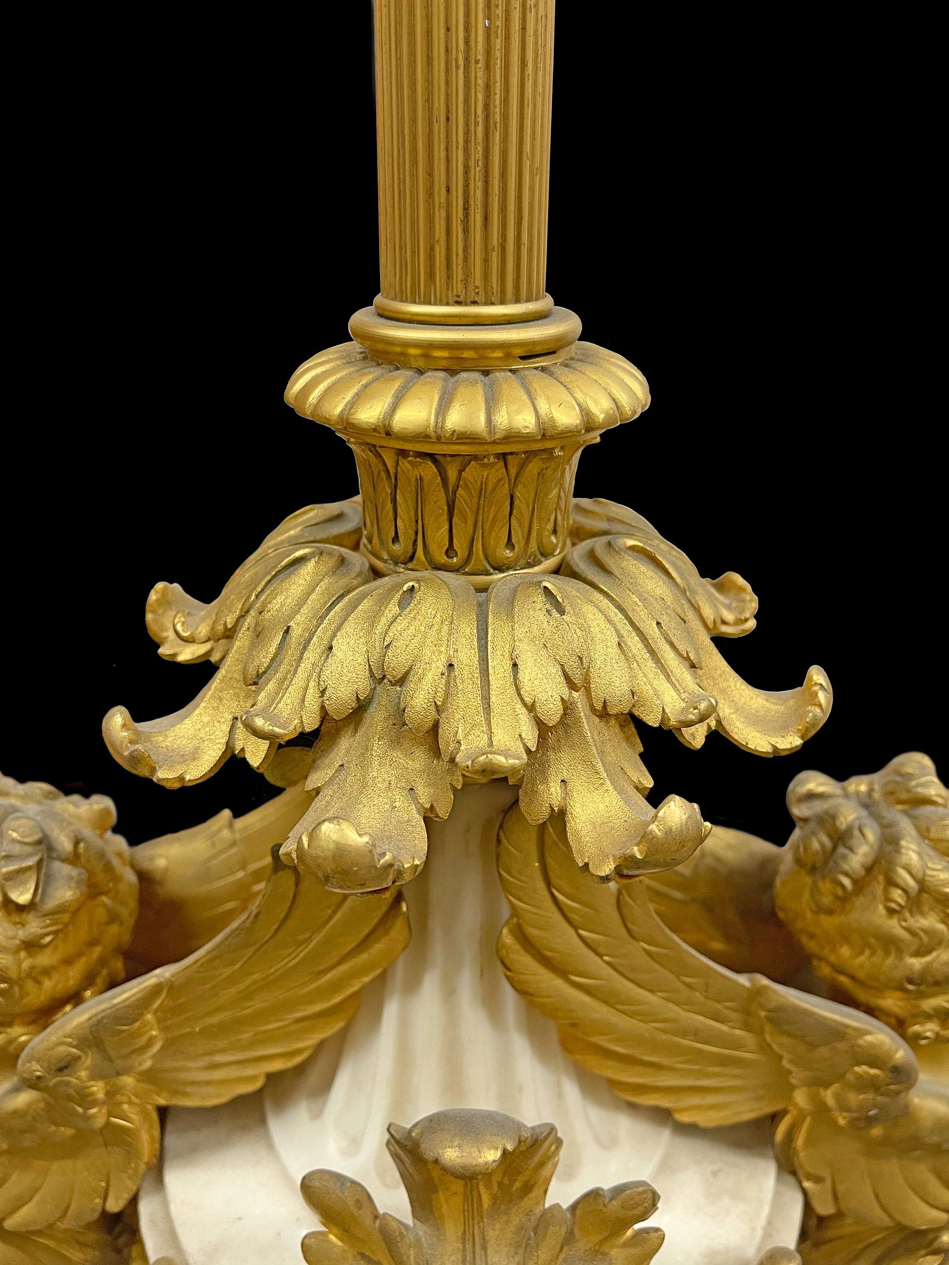Pair of French Ormolu & White Marble Candelabras, by Marchand a Paris For Sale 2