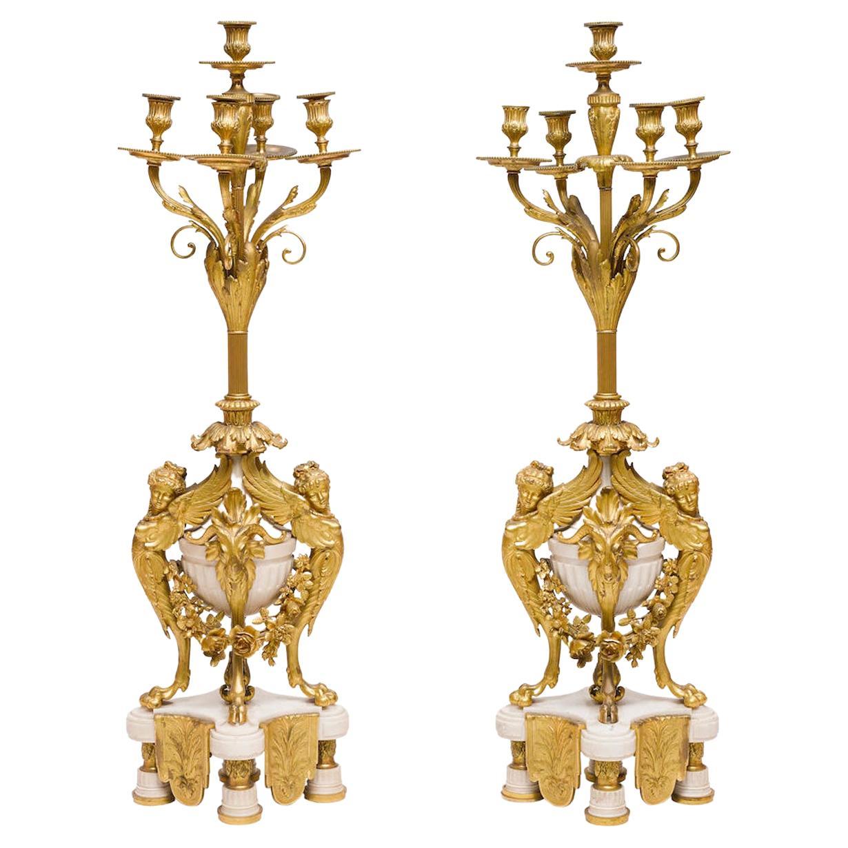 Pair of French Ormolu & White Marble Candelabras, by Marchand a Paris For Sale