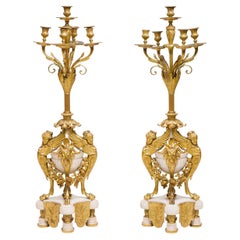 Pair of French Ormolu & White Marble Candelabras, by Marchand a Paris
