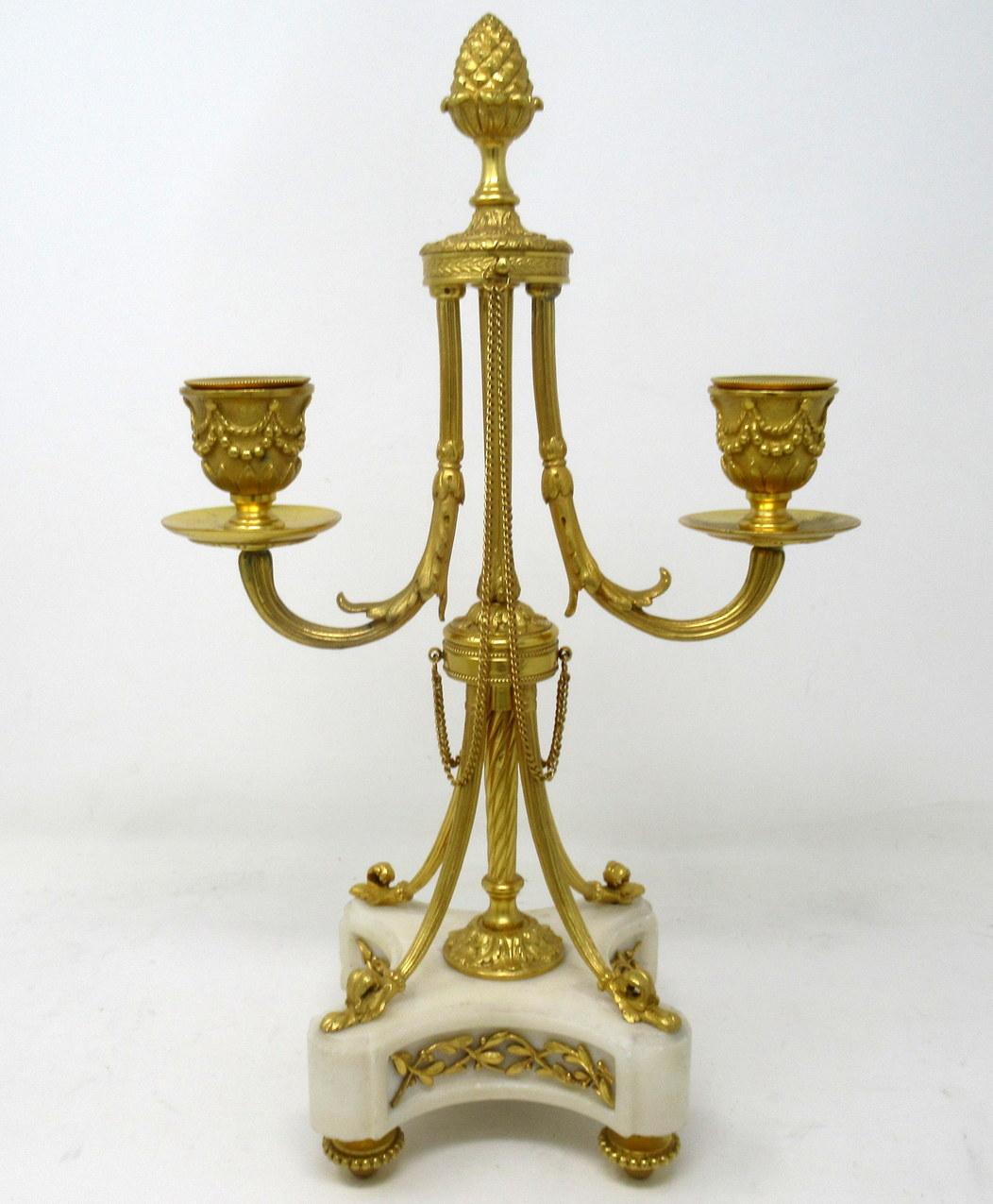 Grand Tour Pair of French Ormolu White Marble Twin Arm Garniture Candelabra Candlesticks