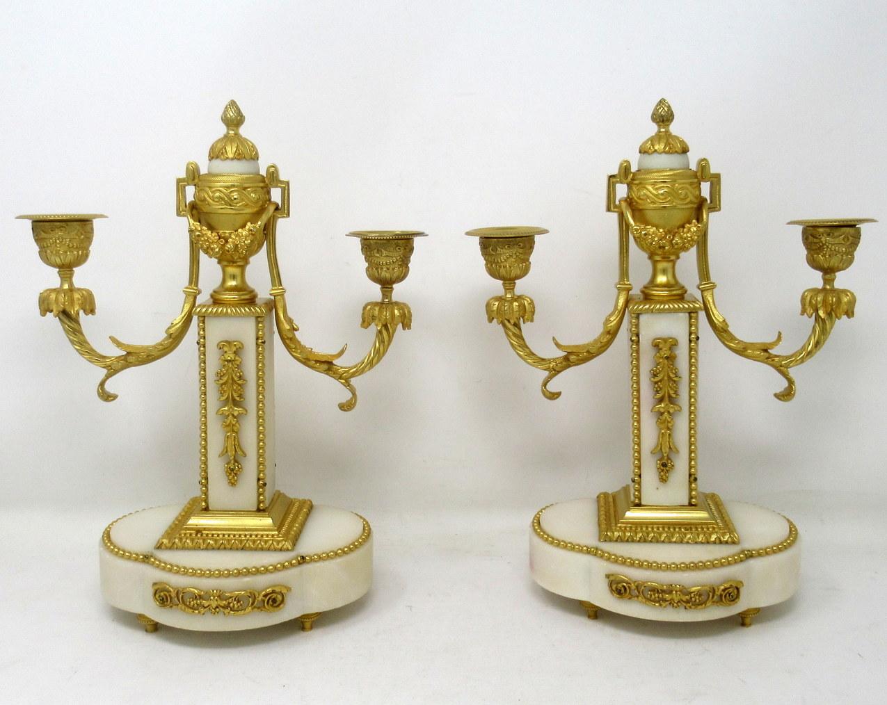 Grand Tour Pair of French Ormolu White Marble Twin Arm Garniture Candelabra Candlesticks