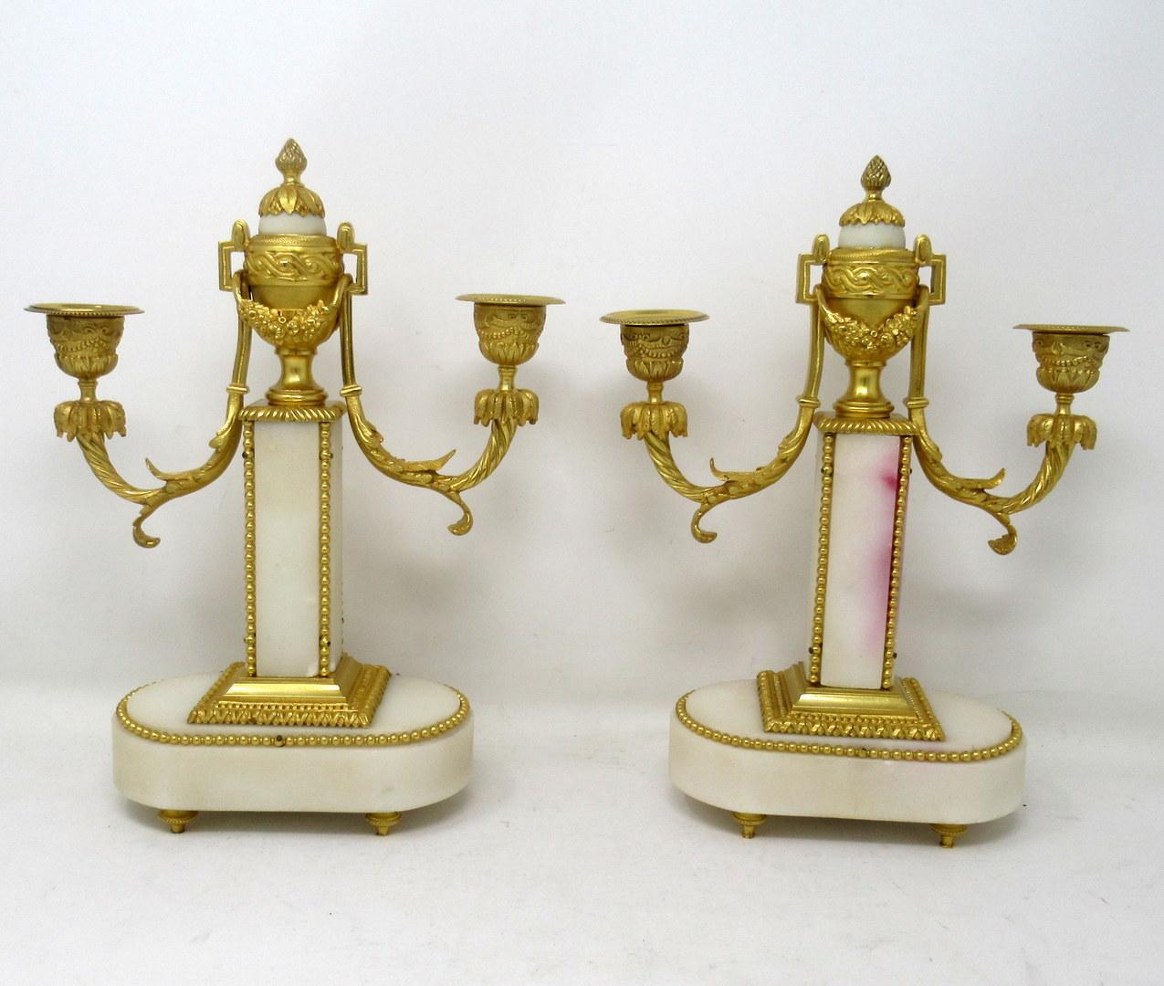 Pair of French Ormolu White Marble Twin Arm Garniture Candelabra Candlesticks In Good Condition In Dublin, Ireland