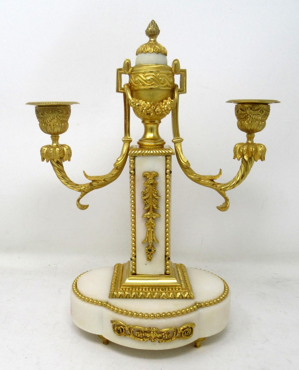 19th Century Pair of French Ormolu White Marble Twin Arm Garniture Candelabra Candlesticks