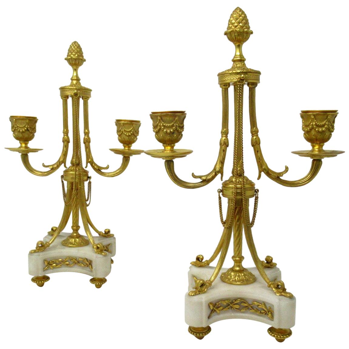 Pair of French Ormolu White Marble Twin Arm Garniture Candelabra Candlesticks