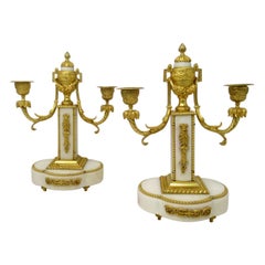 Pair of French Ormolu White Marble Twin Arm Garniture Candelabra Candlesticks